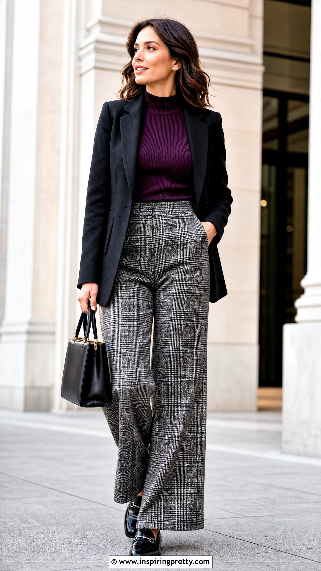 Dark Purple Top With Plaid Trousers - 50 dark purple top outfit ideas
