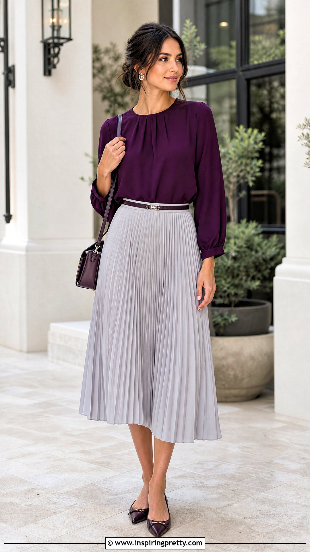 Dark Purple Top With Pleated Skirt - 50 dark purple top outfit ideas
