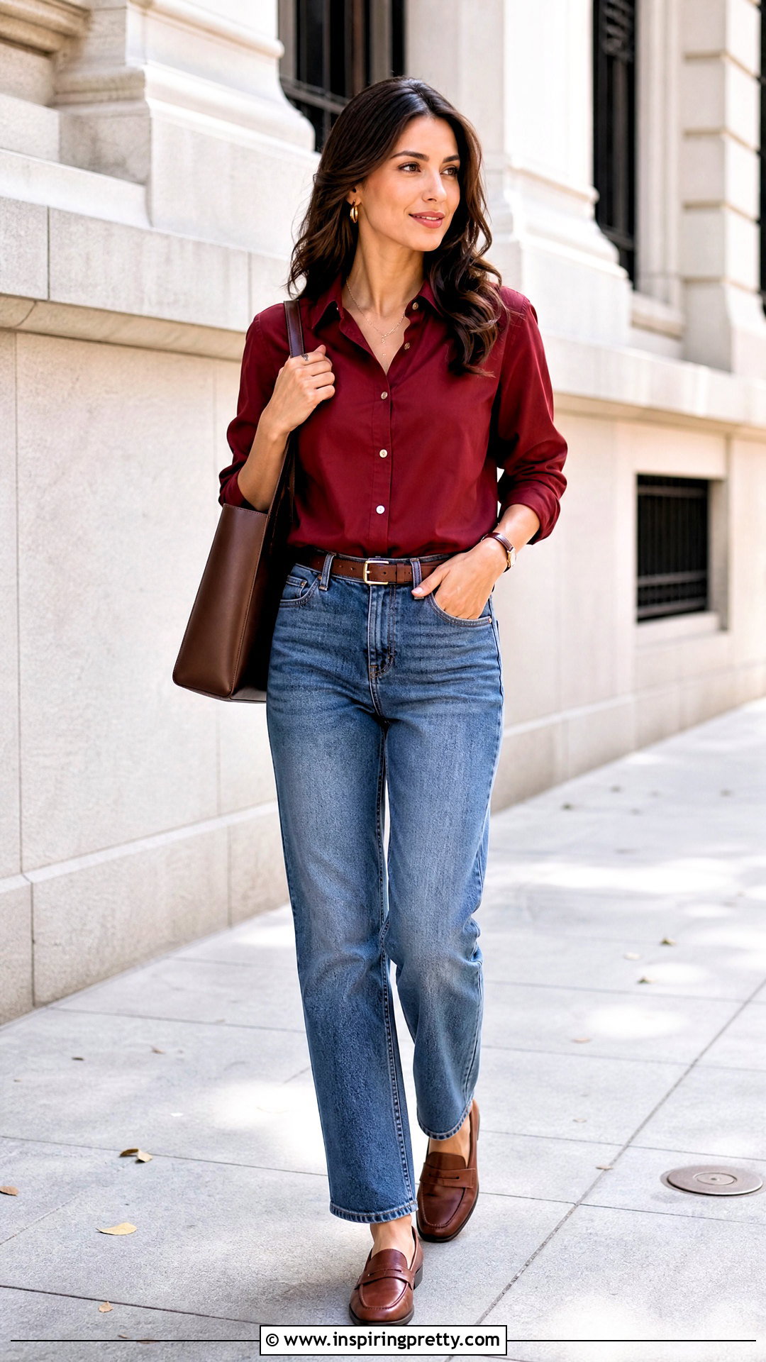 Dark Red Button Down With Straight Jeans - 50 dark red top outfit ideas