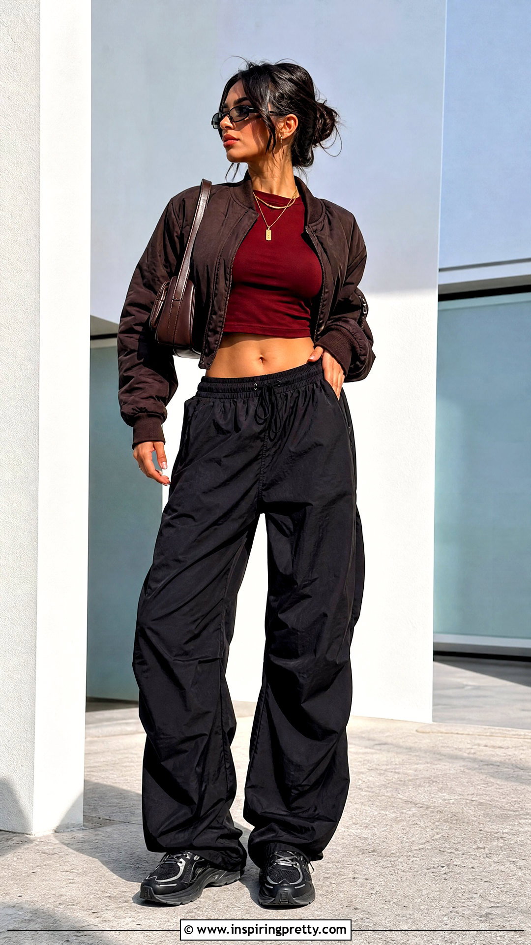 Dark Red Crop Top With Parachute Pants - 50 dark red top outfit ideas