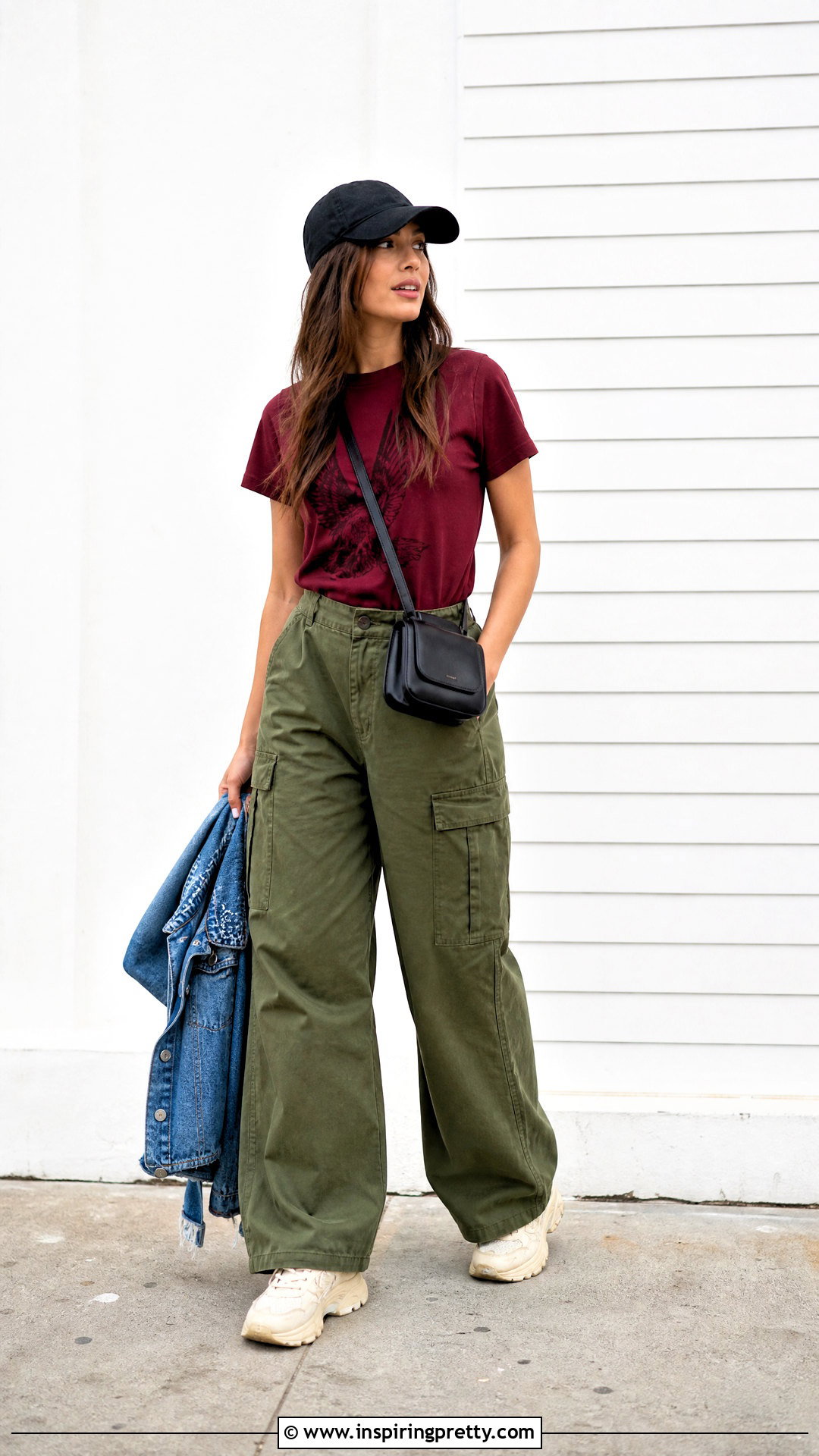 Dark Red Graphic Tee With Cargo Pants - 50 dark red top outfit ideas