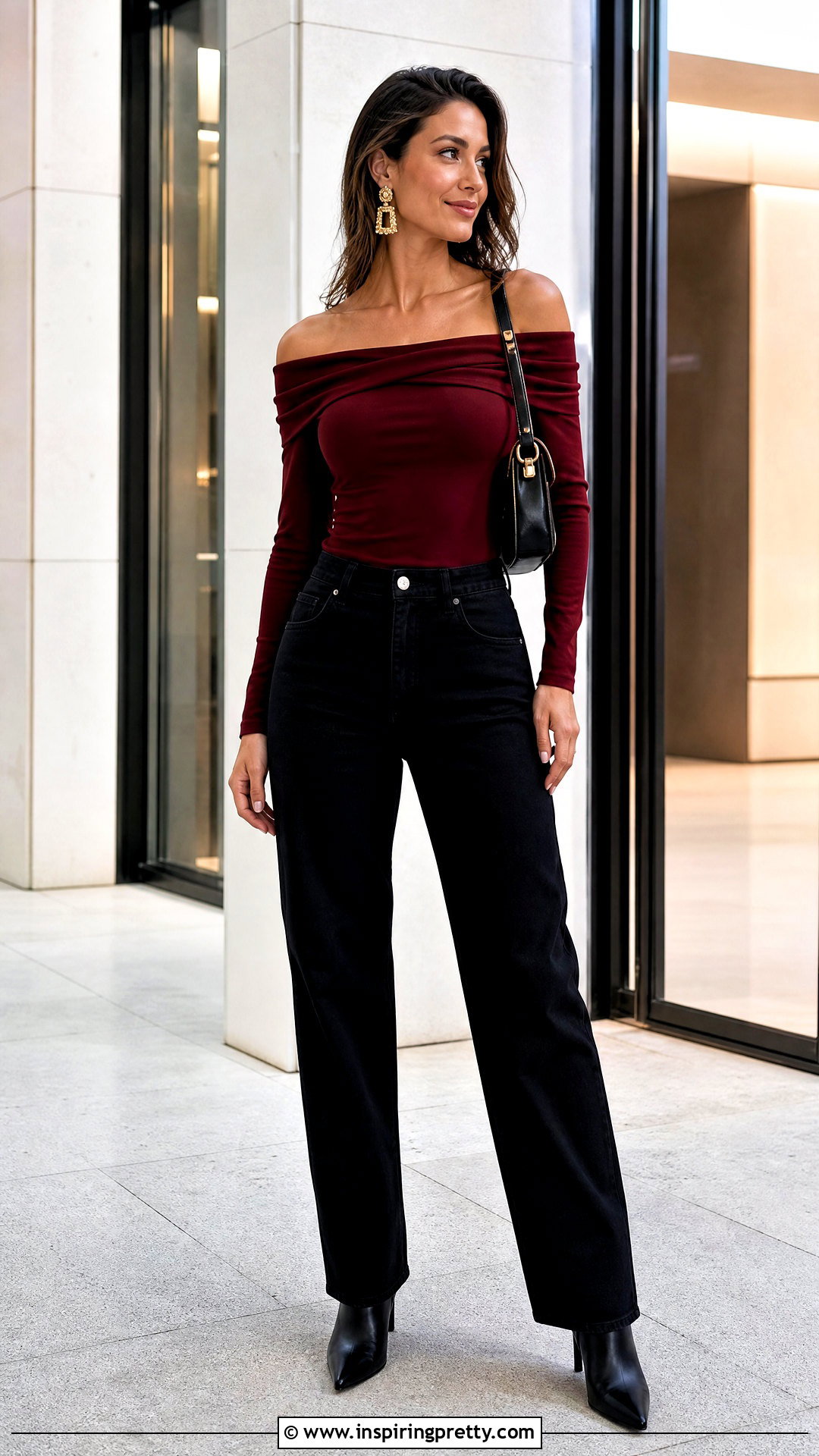 Dark Red Off Shoulder Top With Black Jeans - 50 dark red top outfit ideas