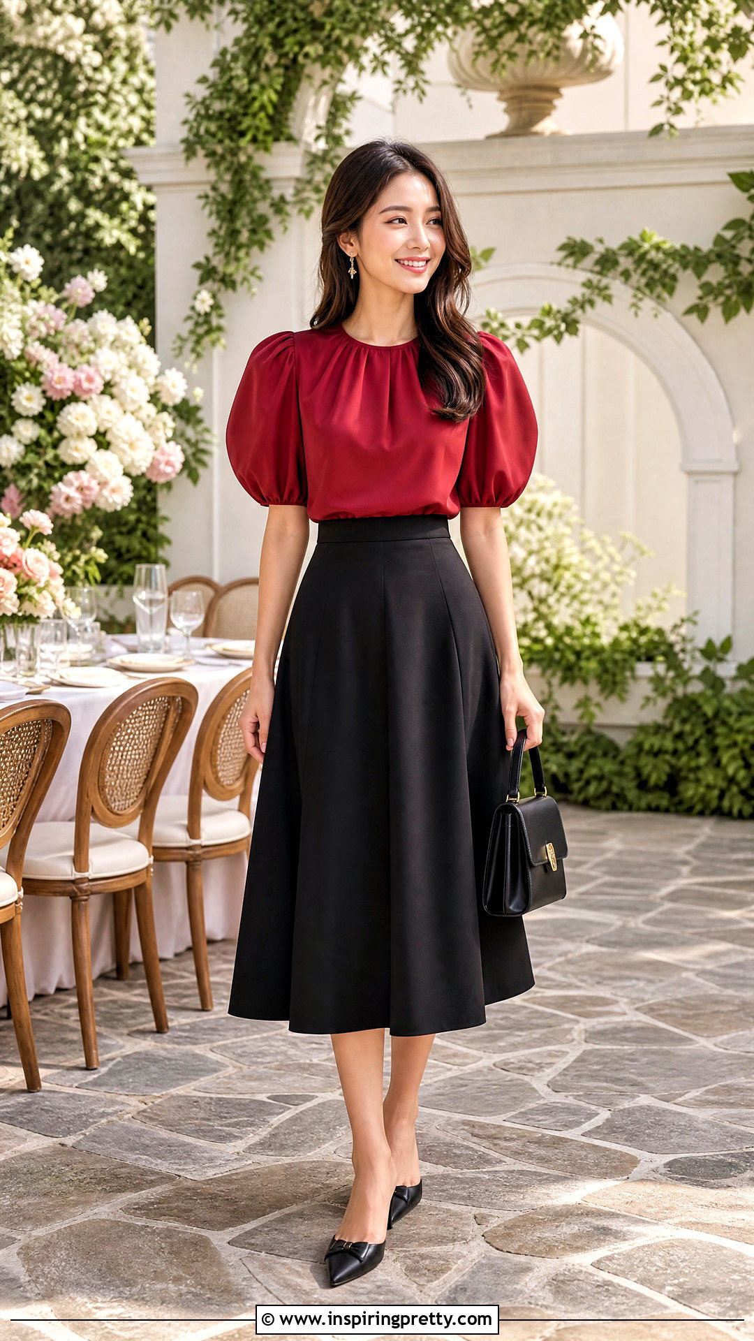 Dark Red Puff Sleeve Top With A Line Skirt - 50 dark red top outfit ideas