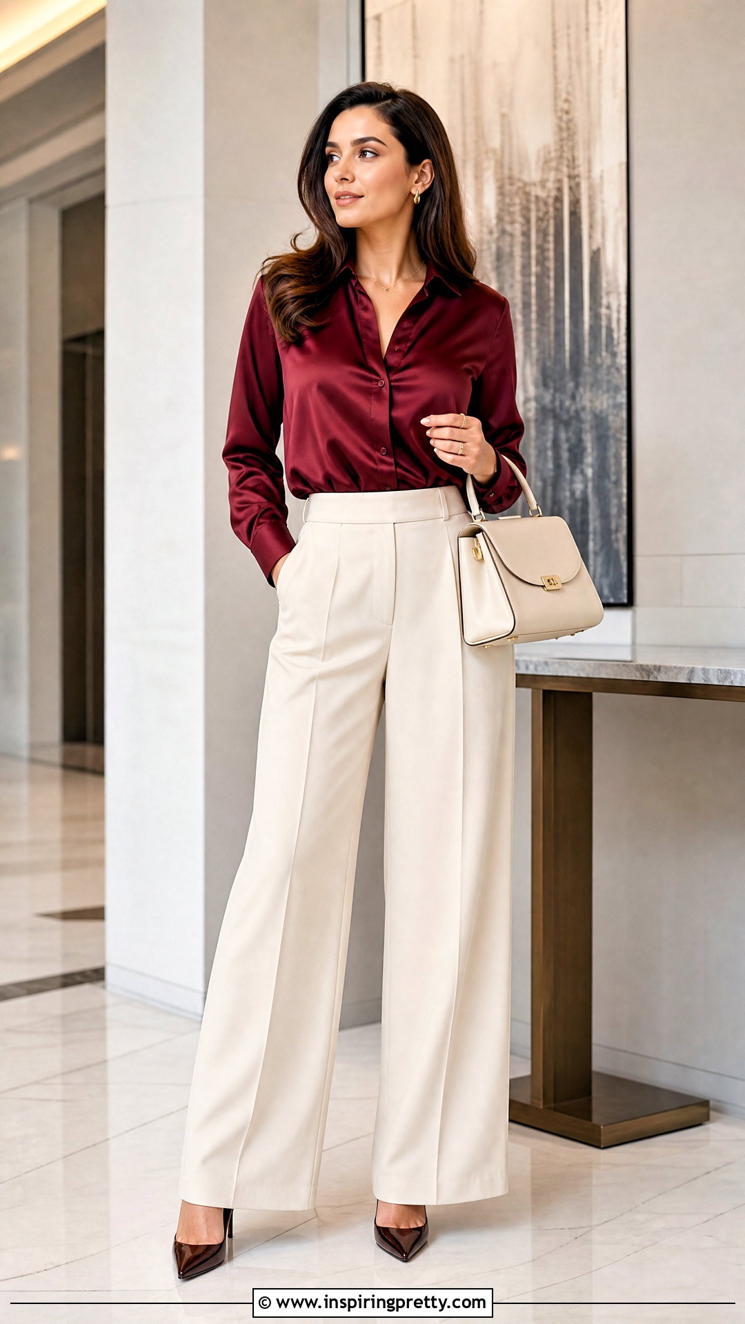 Dark Red Satin Blouse With Cream Trousers - 20 dark red tops women