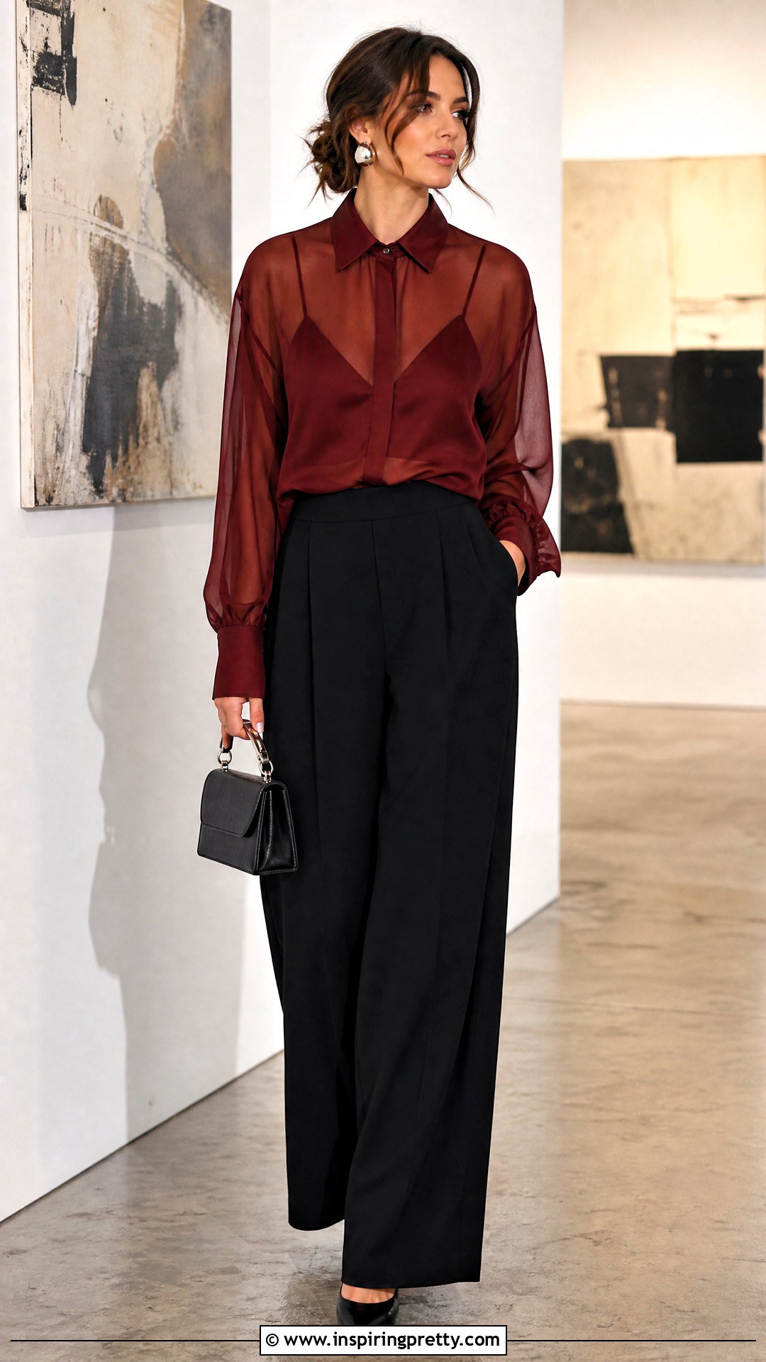 Dark Red Sheer Top With Black Trousers - 50 dark red top outfit ideas