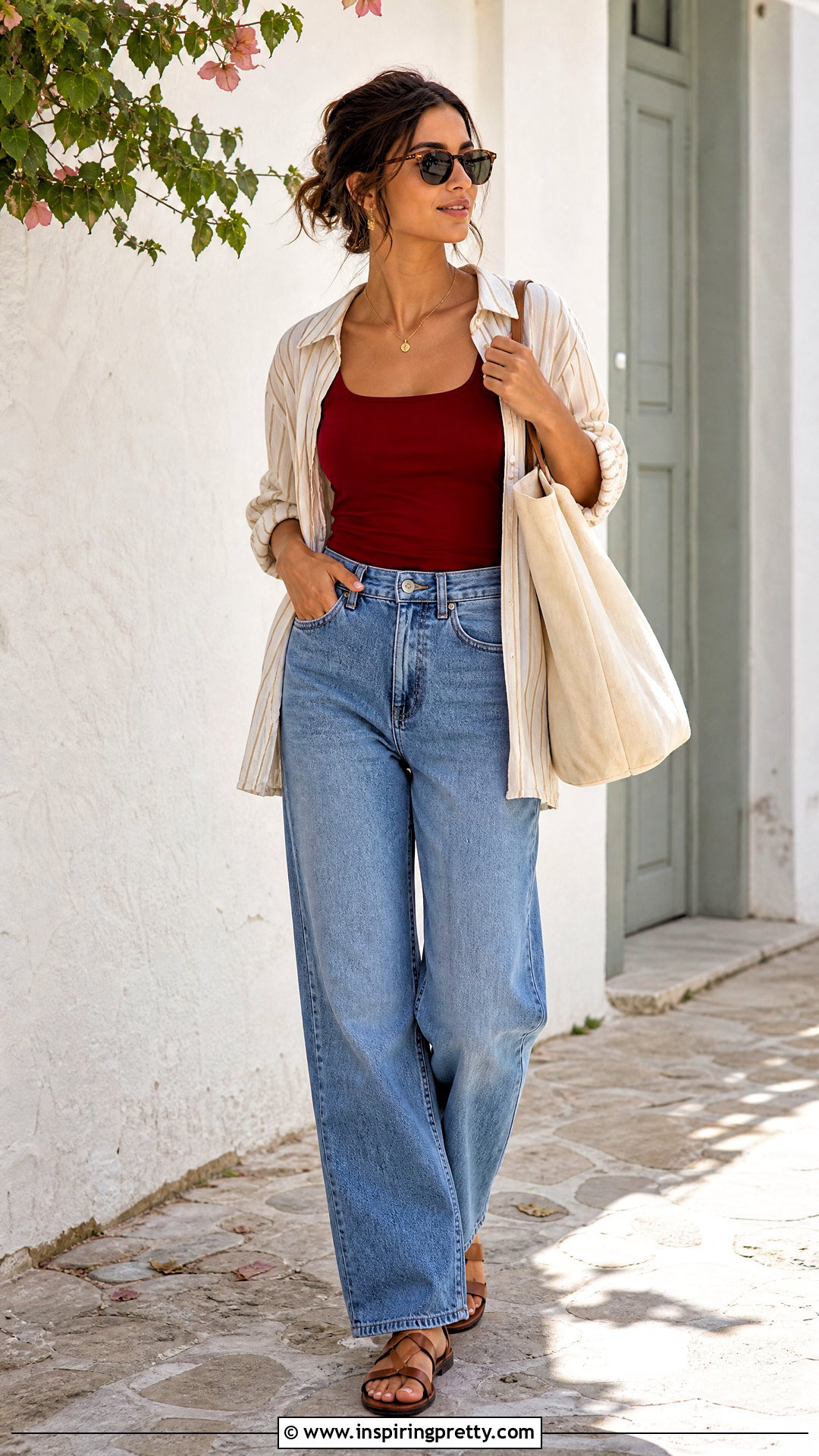 Dark Red Tank Top With Relaxed Jeans - 50 dark red top outfit ideas