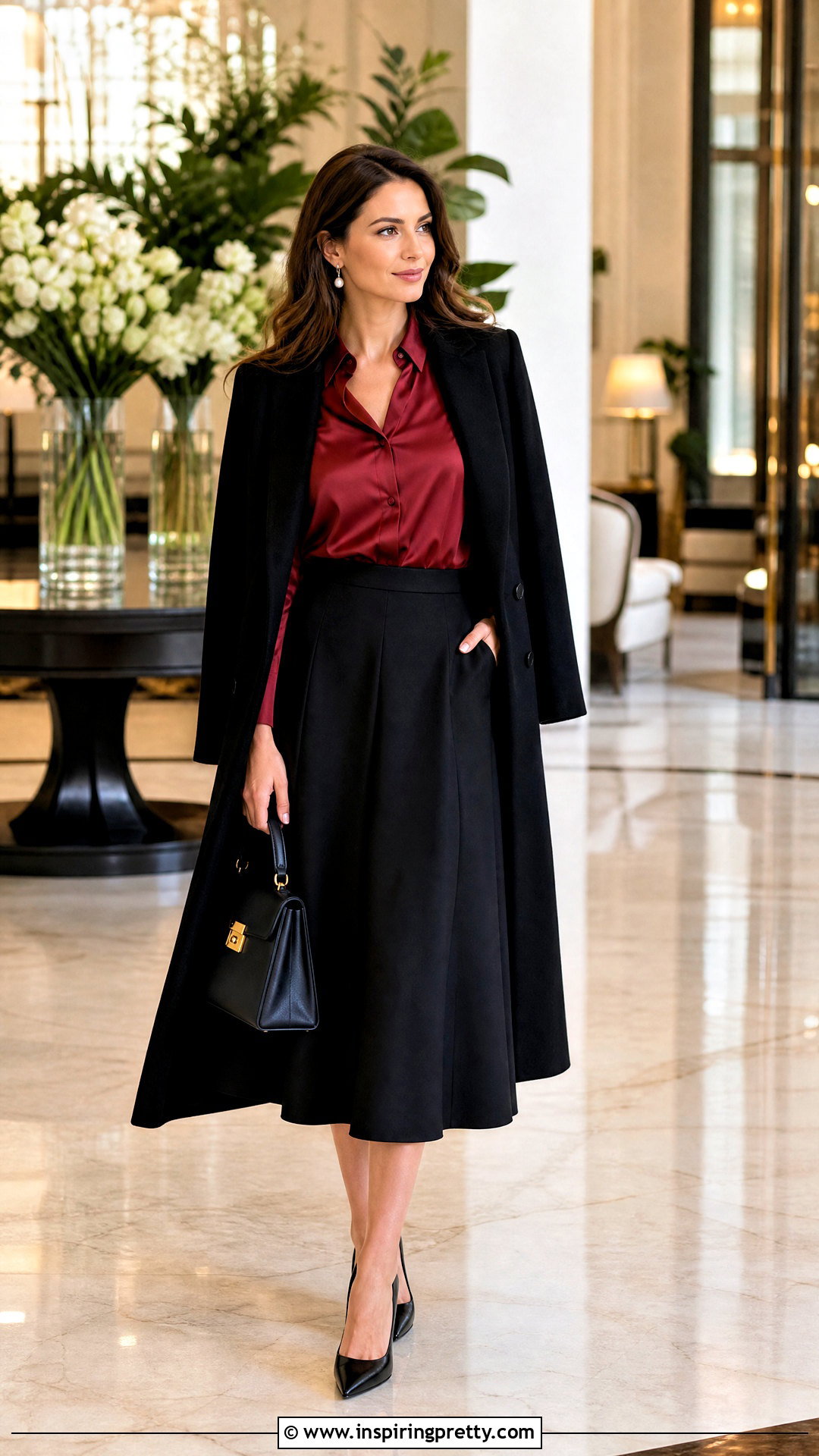 Dark Red Top With Black Midi Skirt - 50 dark red top outfit ideas