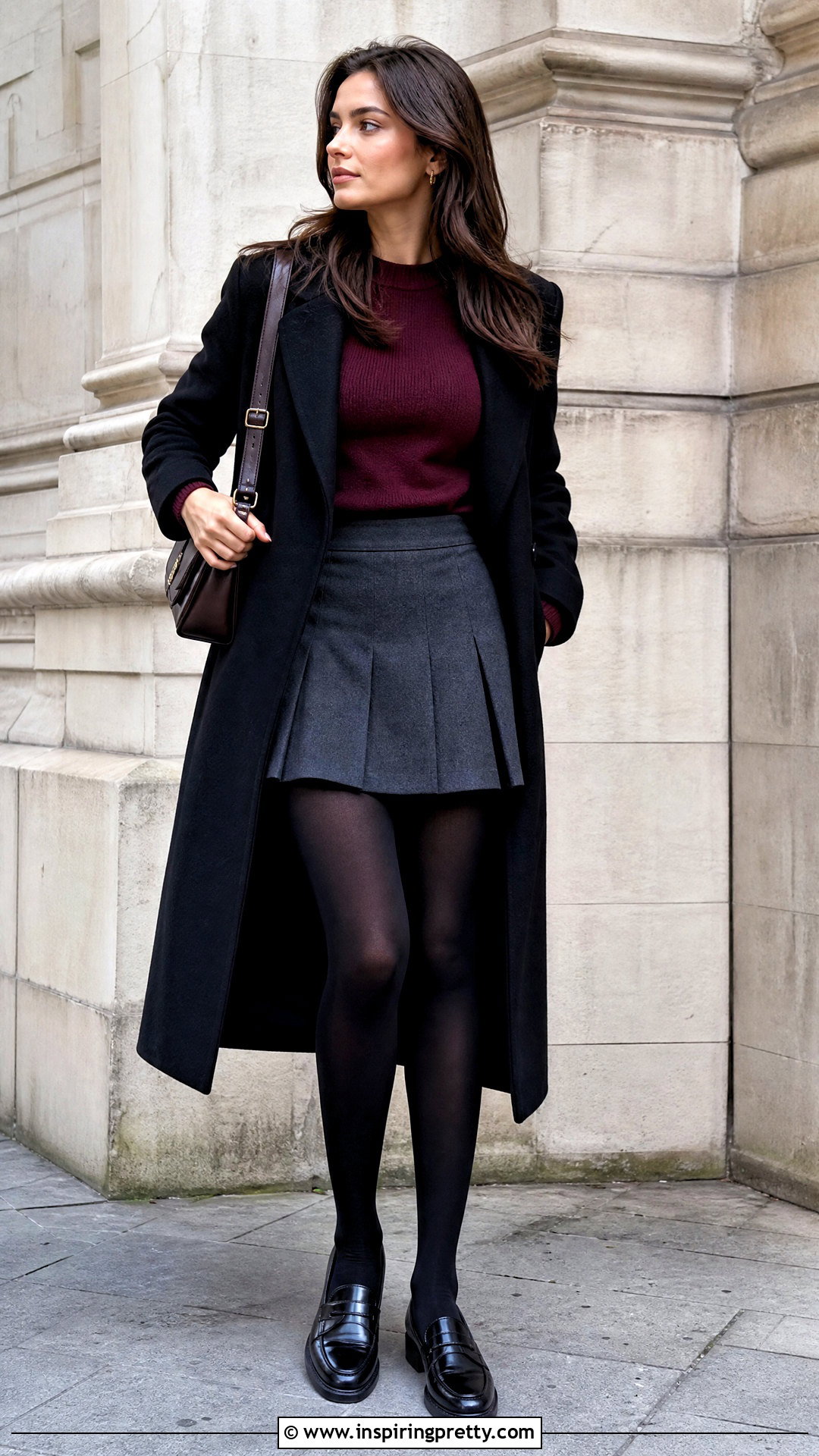 Dark Red Top With Gray Pleated Mini Skirt - 50 dark red top outfit ideas