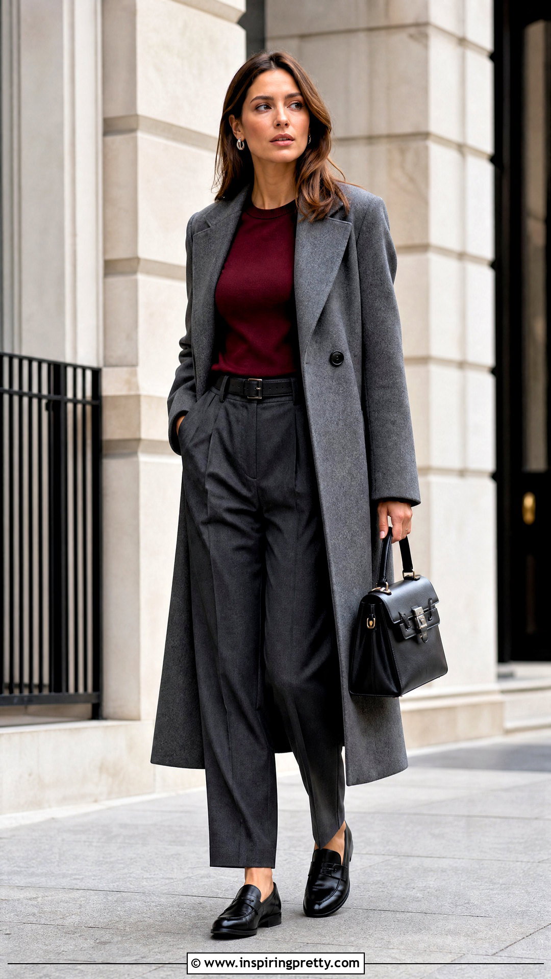 Dark Red Top With Gray Trousers - 50 dark red top outfit ideas