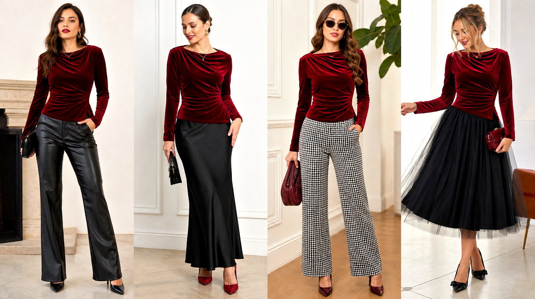 25 Dark Red Velvet Top Outfit Ideas for Glam Holiday Style