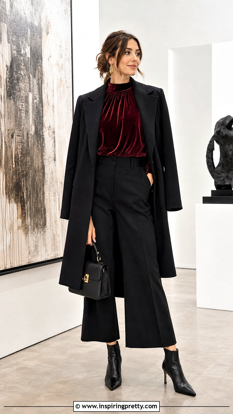 Dark Red Velvet Top With Black Culottes - 25 dark red velvet top outfit ideas