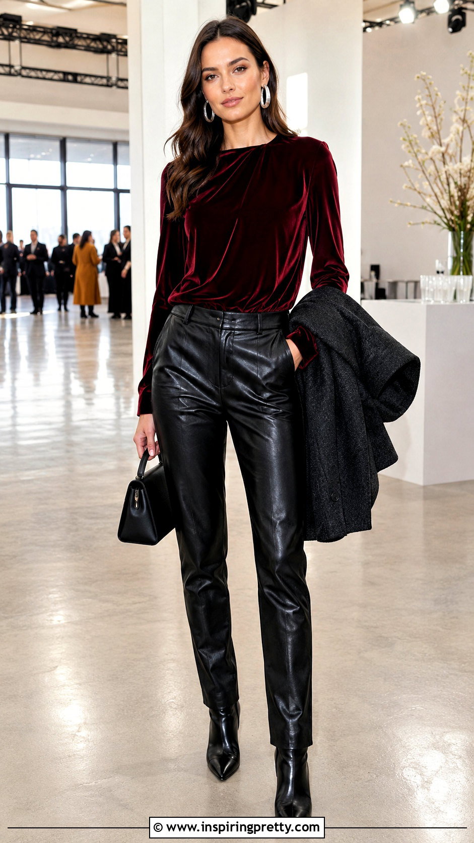 Dark Red Velvet Top With Black Leather Pants - 25 dark red velvet top outfit ideas