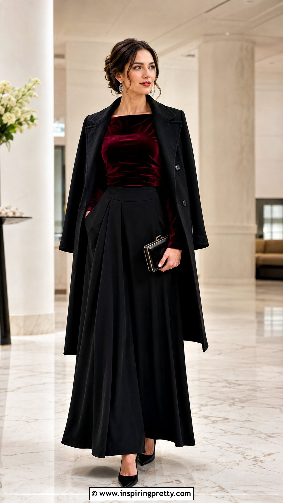 Dark Red Velvet Top With Black Maxi Skirt - 25 dark red velvet top outfit ideas