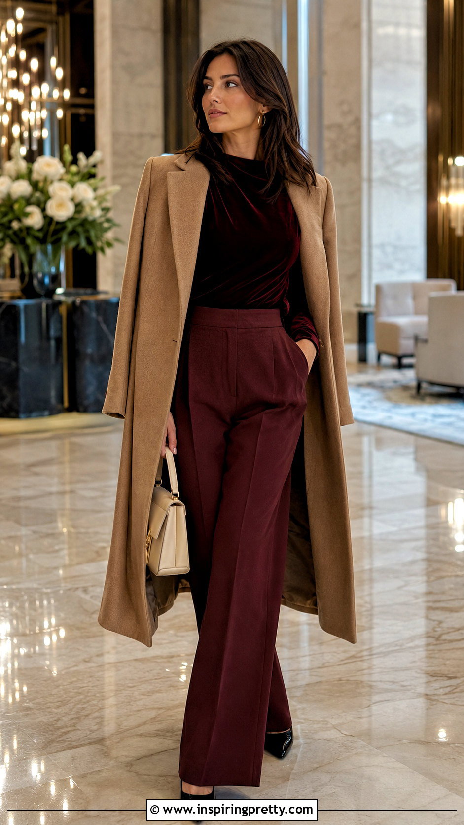 Dark Red Velvet Top With Burgundy Trousers - 25 dark red velvet top outfit ideas