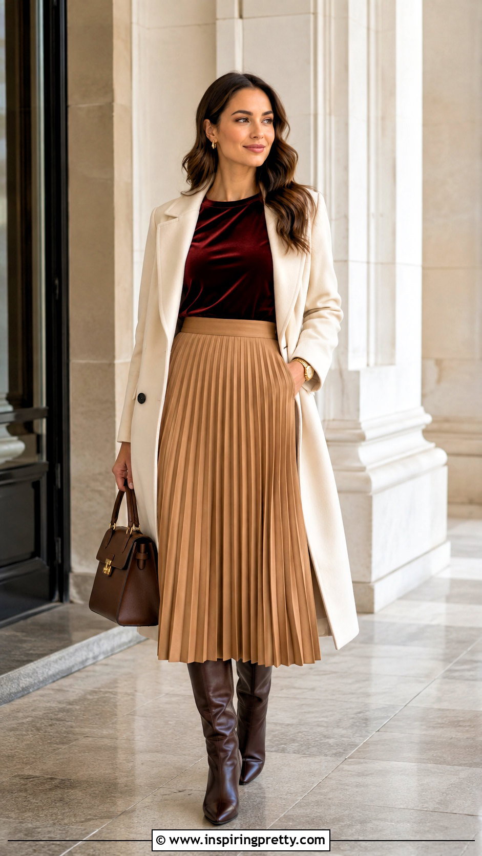 Dark Red Velvet Top With Camel Midi Skirt - 25 dark red velvet top outfit ideas