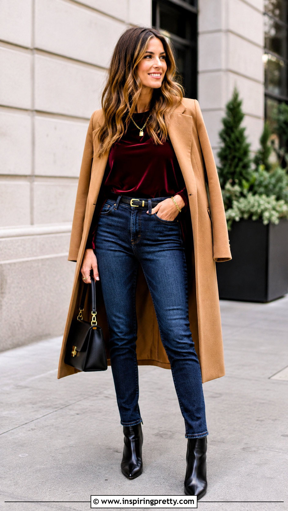 Dark Red Velvet Top With Dark Wash Jeans - 25 dark red velvet top outfit ideas