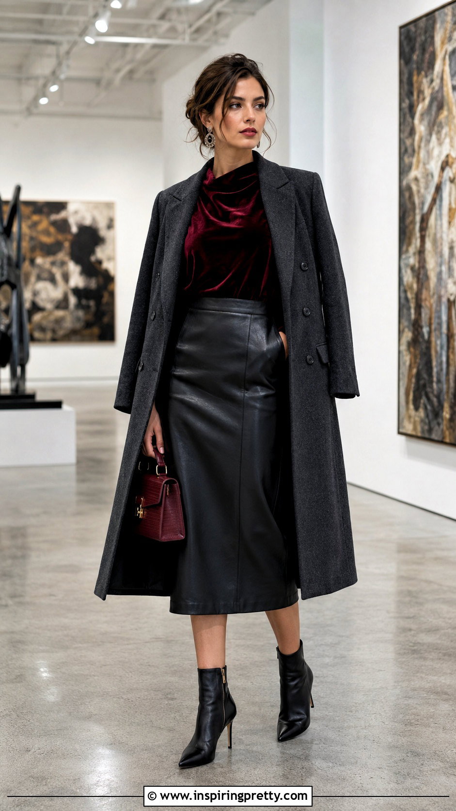 Dark Red Velvet Top With Faux Leather Midi Skirt - 25 dark red velvet top outfit ideas
