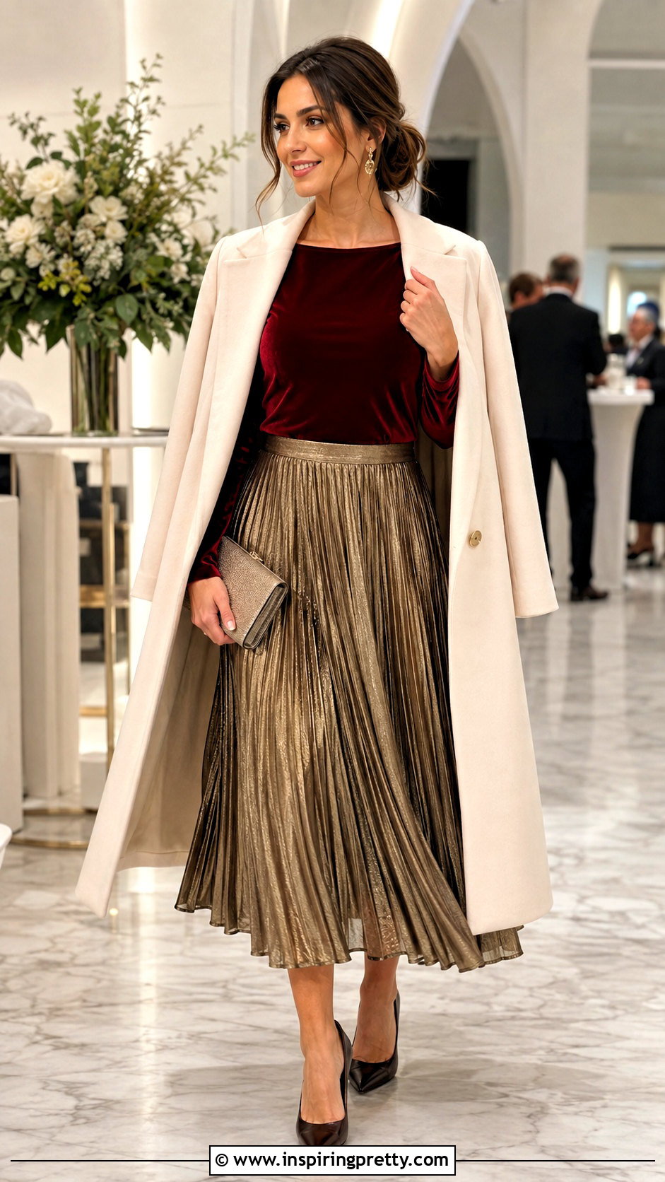 Dark Red Velvet Top With Gold Pleated Skirt - 25 dark red velvet top outfit ideas