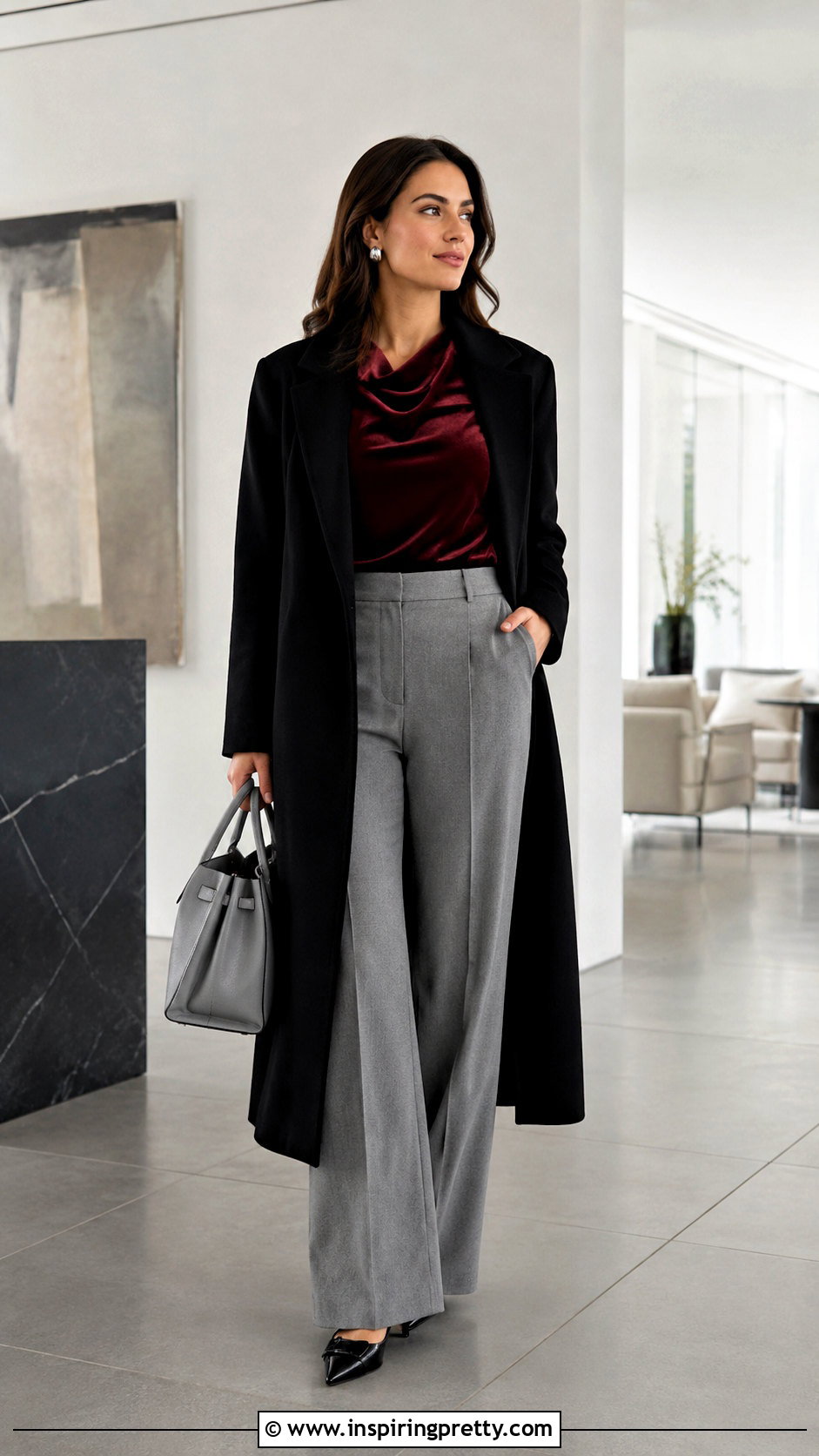 Dark Red Velvet Top With Gray Tailored Pants - 25 dark red velvet top outfit ideas
