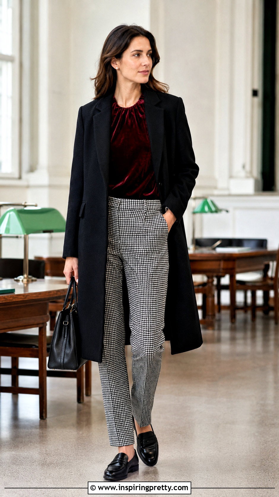 Dark Red Velvet Top With Houndstooth Pants - 25 dark red velvet top outfit ideas
