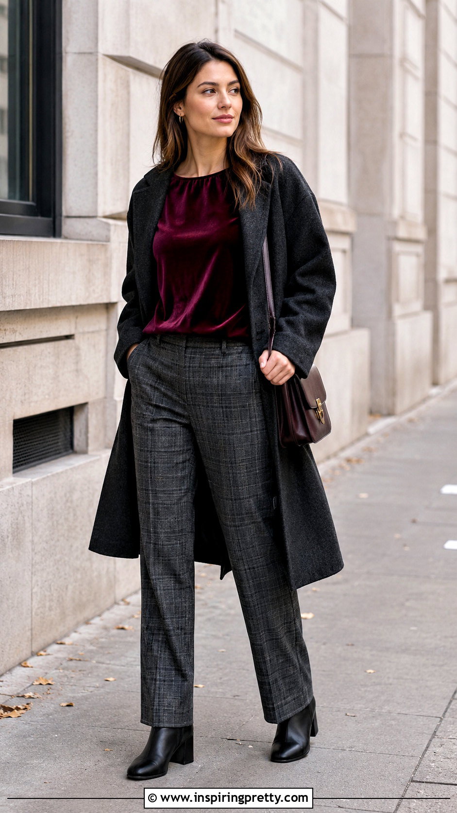 Dark Red Velvet Top With Plaid Trousers - 25 dark red velvet top outfit ideas