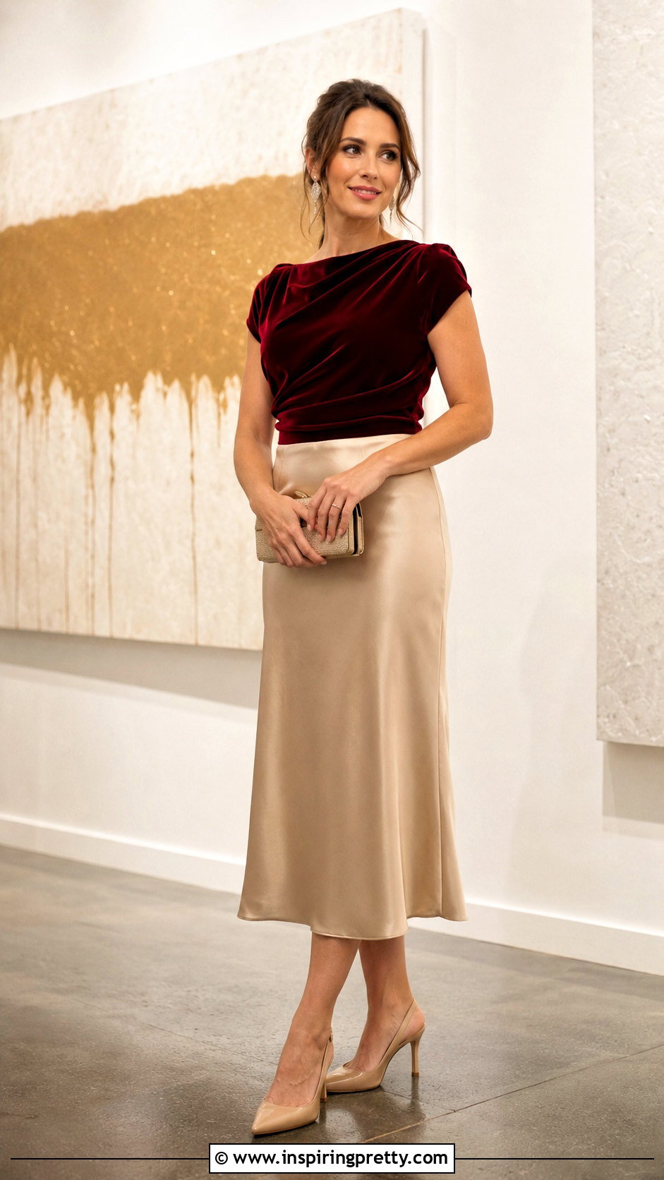 Dark Red Velvet Top With Satin Midi Skirt - 25 dark red velvet top outfit ideas
