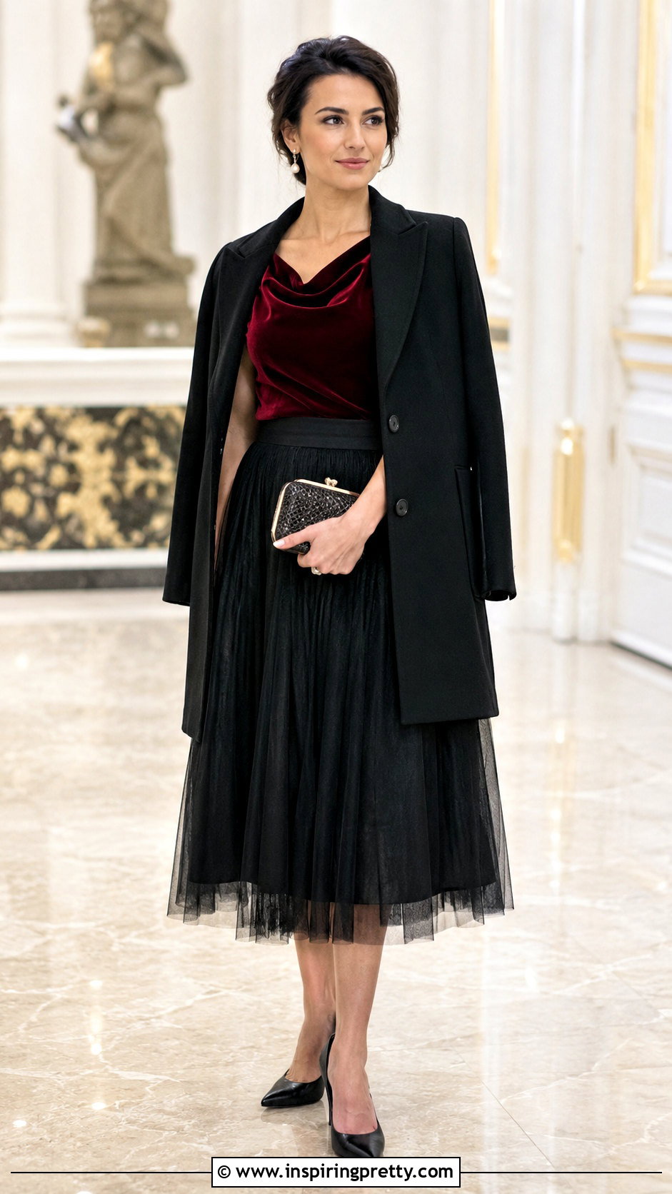 Dark Red Velvet Top With Tulle Midi Skirt - 25 dark red velvet top outfit ideas