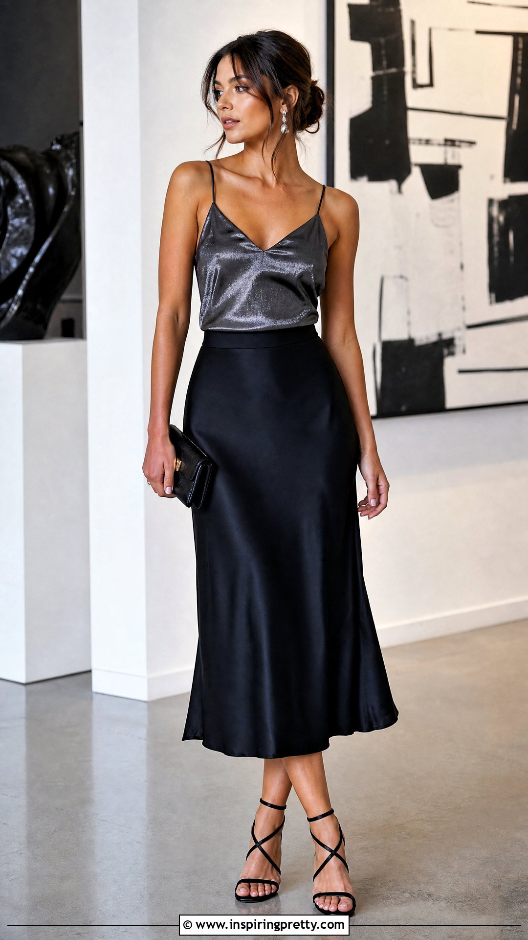 Dark Silver Top With Black Satin Midi Skirt - 25 dark silver top outfit ideas