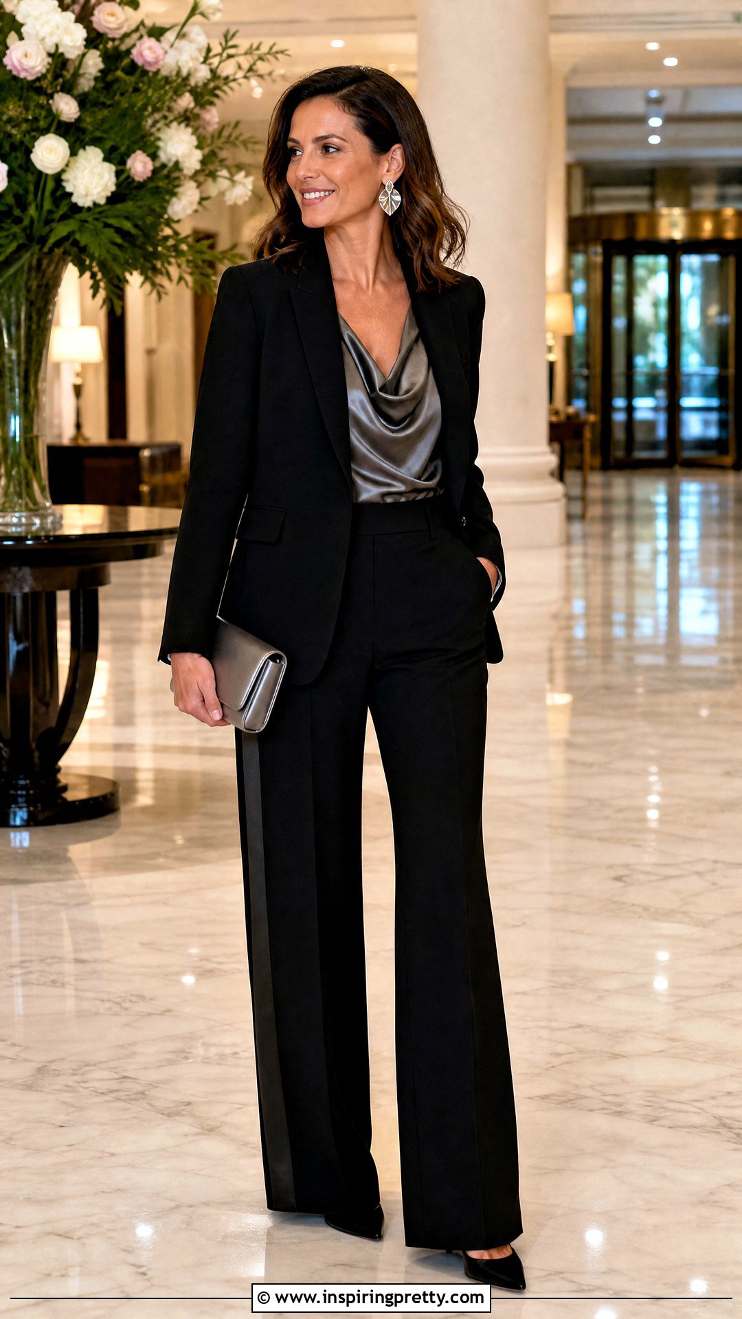 Dark Silver Top With Black Tuxedo Pants - 25 dark silver top outfit ideas