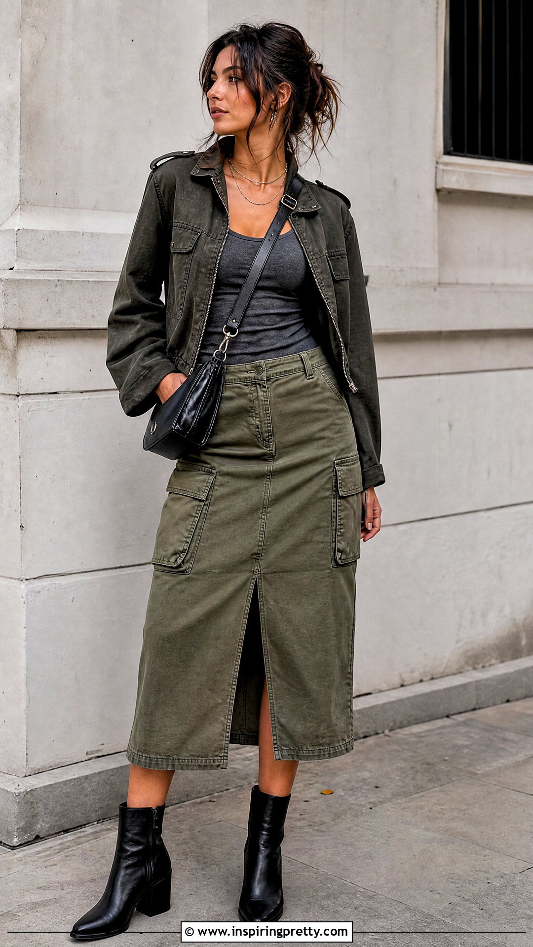 Dark Silver Top With Olive Cargo Skirt - 25 dark silver top outfit ideas