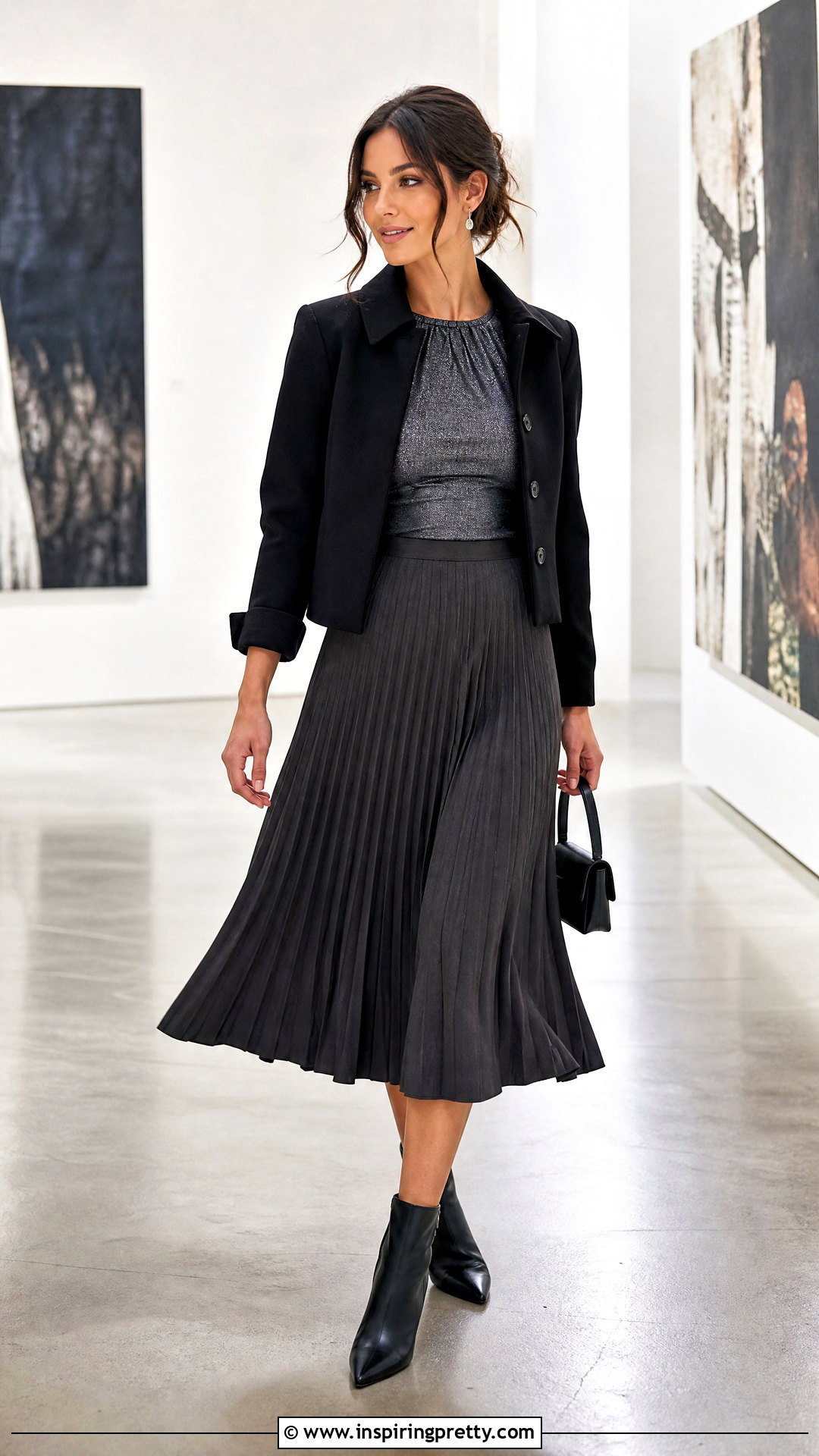 Dark Silver Top With Pleated Midi Skirt - 25 dark silver top outfit ideas
