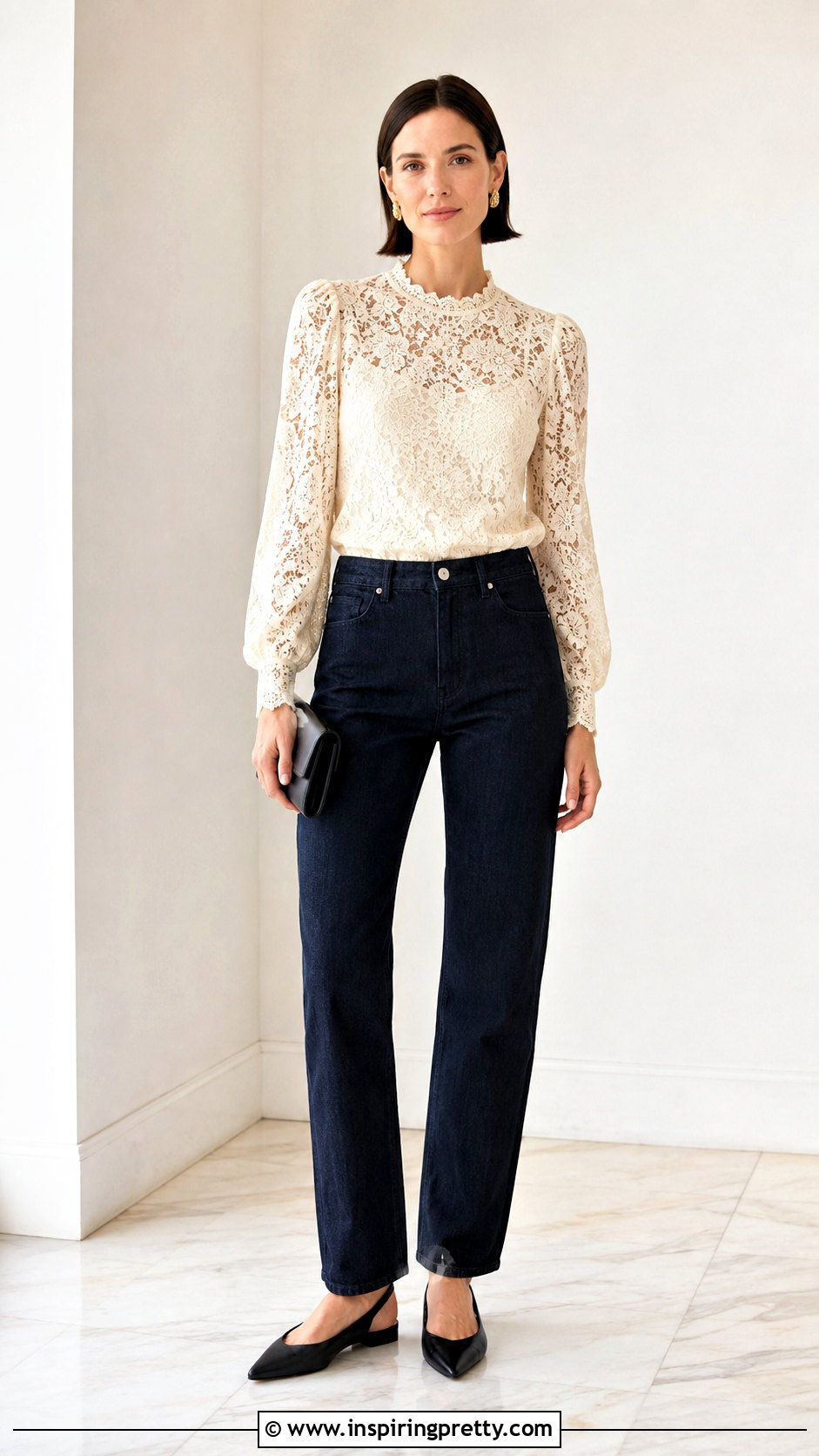 Dark Straight Jeans And Lace Blouse Outfit - 50 Jeans And Top Outfit ideas
