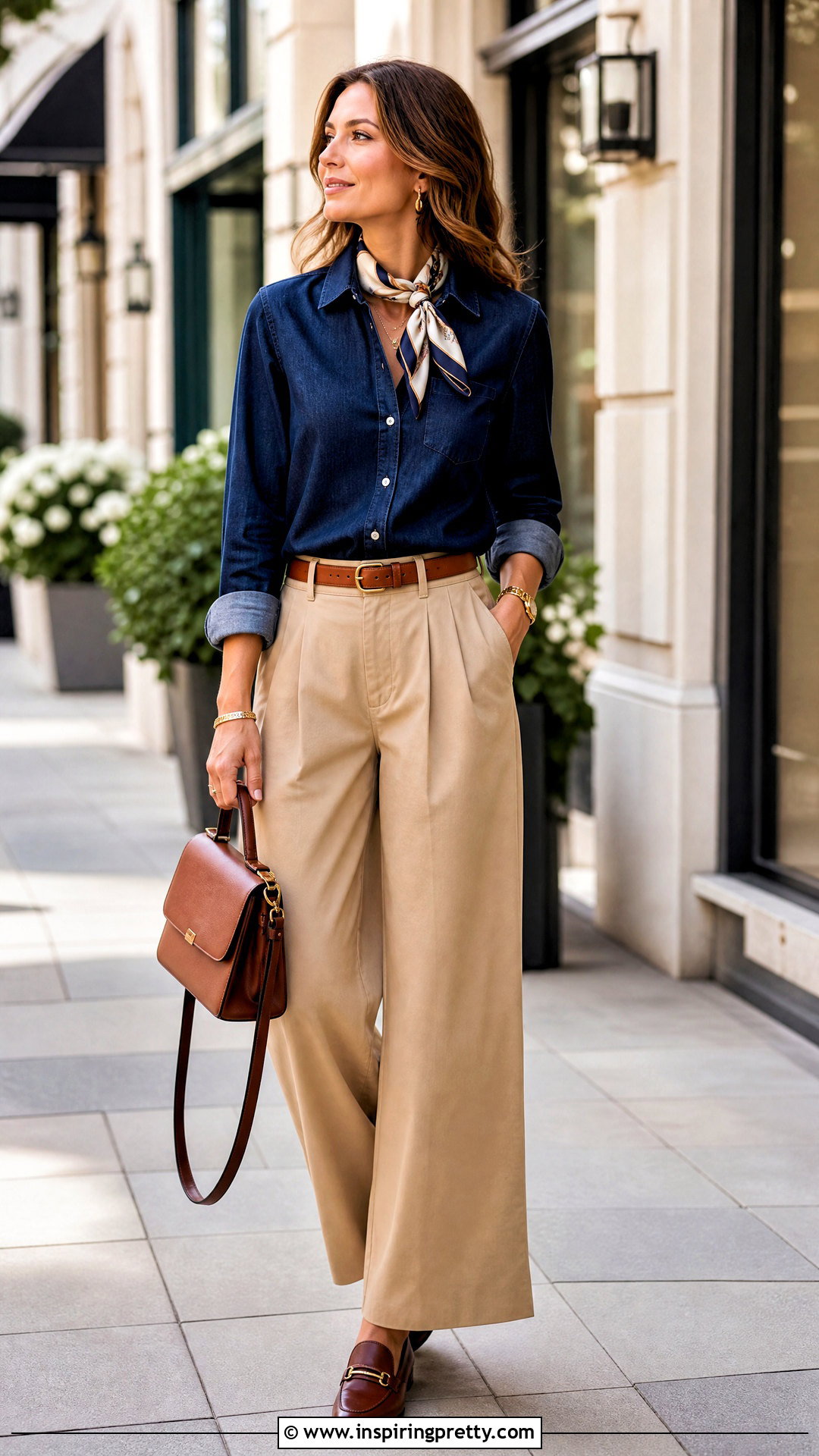 Dark Wash Denim Shirt With Khaki Trousers - 50 jean tops for women