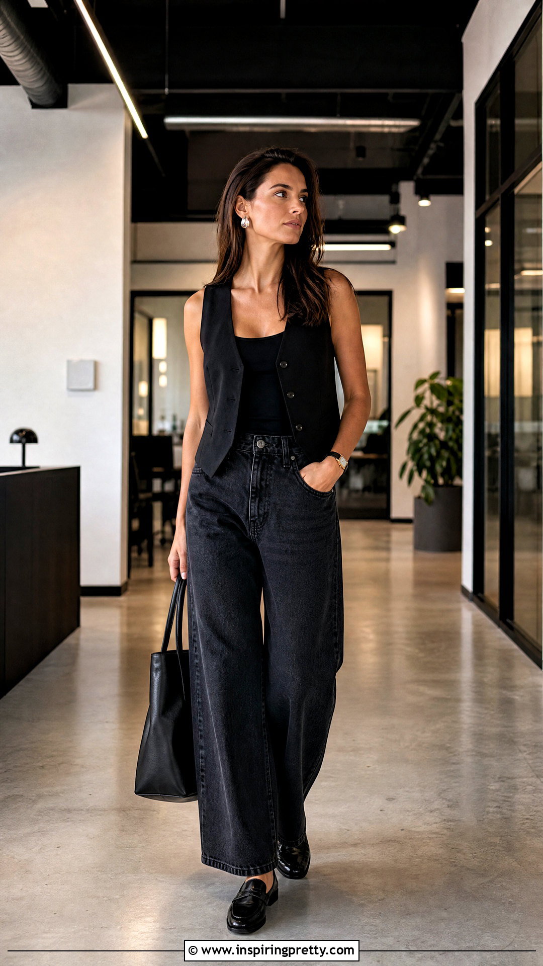 Dark Wide Leg Jeans And Black Vest Top Outfit - 50 jeans and black top outfit ideas