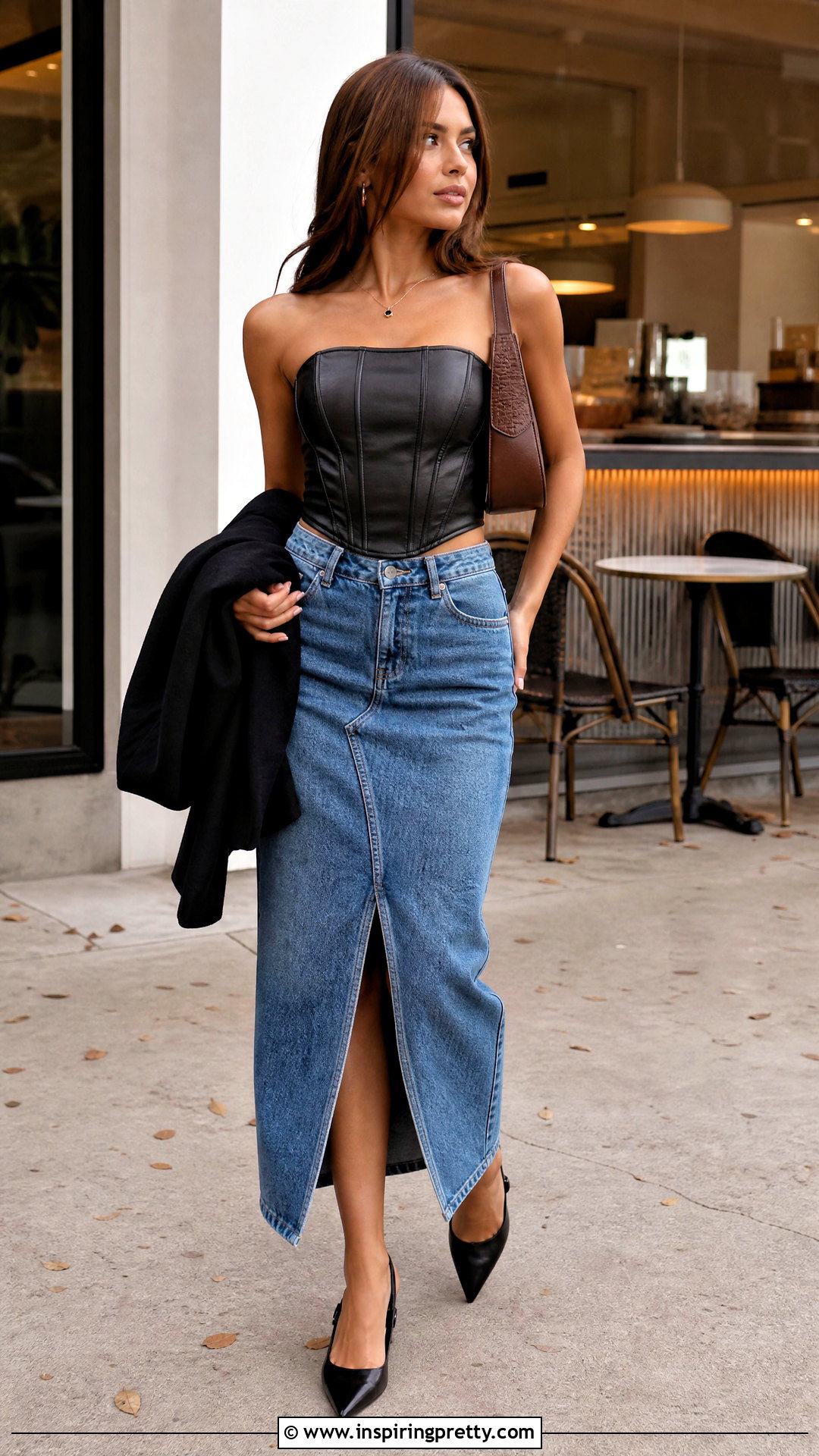 Daytona Corset Top With Denim Midi Skirt - 20 Daytona Vegan Leather Corset Top outfit ideas