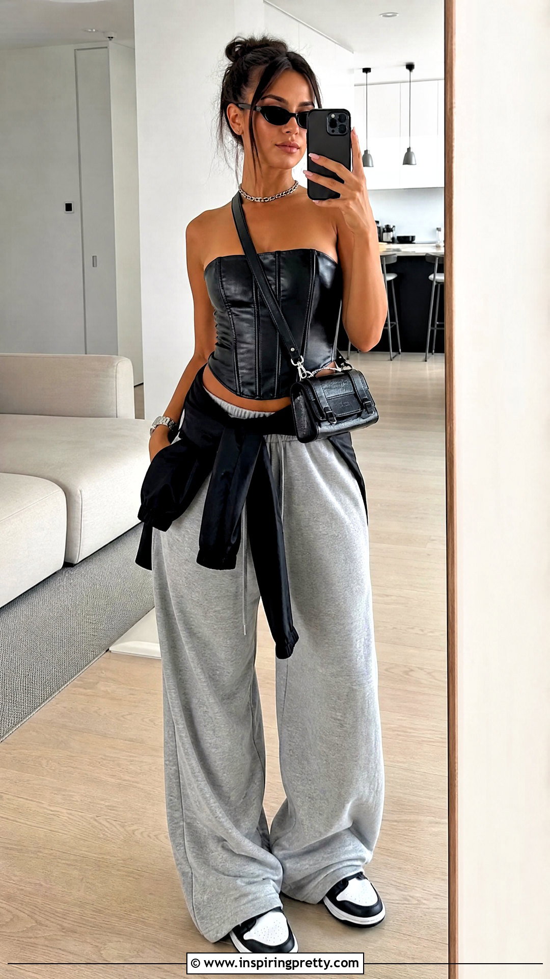 Daytona Corset Top With Gray Track Pants - 20 Daytona Vegan Leather Corset Top outfit ideas