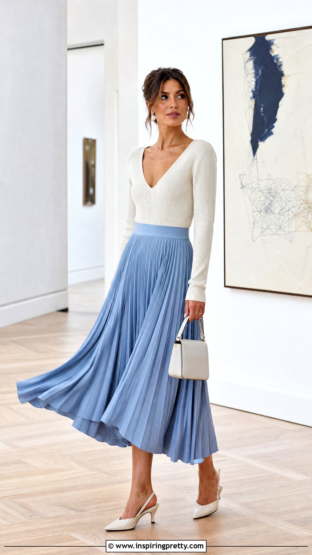 Deep Neck Knit Top With Pleated Midi Skirt - 50 deep neck tops outfit ideas