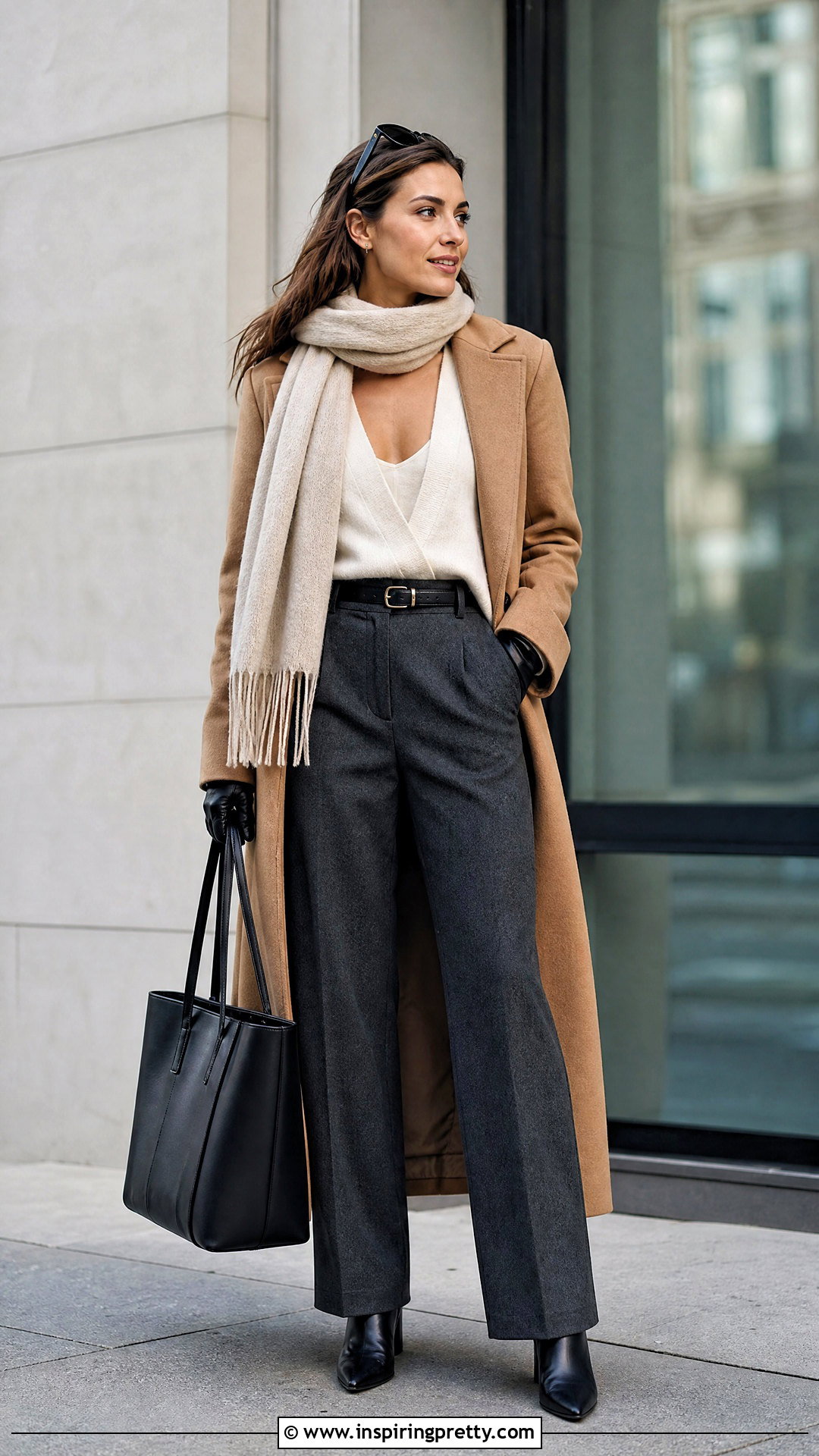 Deep Neck Sweater With Wool Trousers And Coat - 50 deep neck tops outfit ideas