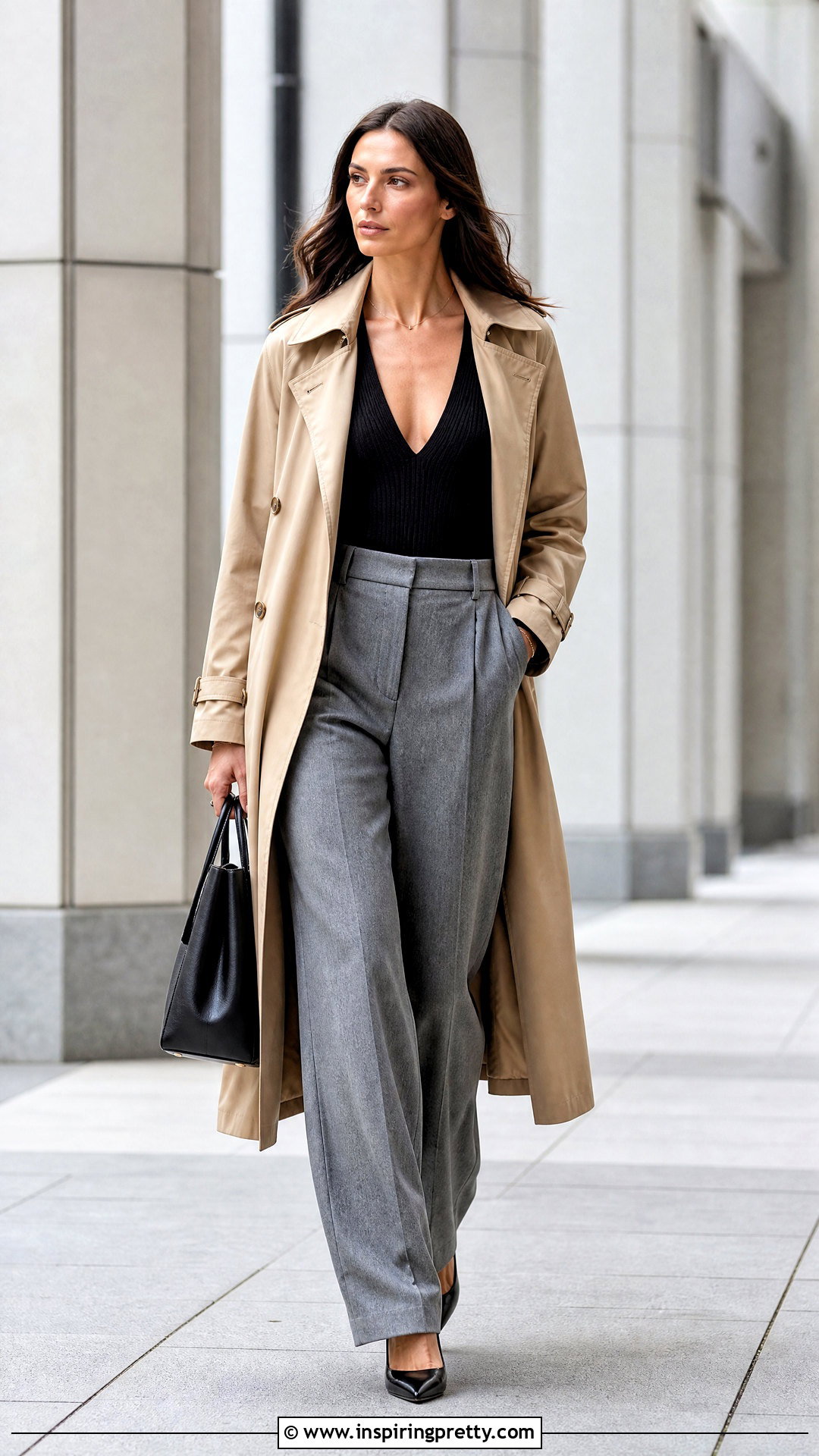 Deep Neck Top With Trench Coat And Trousers - 50 deep neck tops outfit ideas