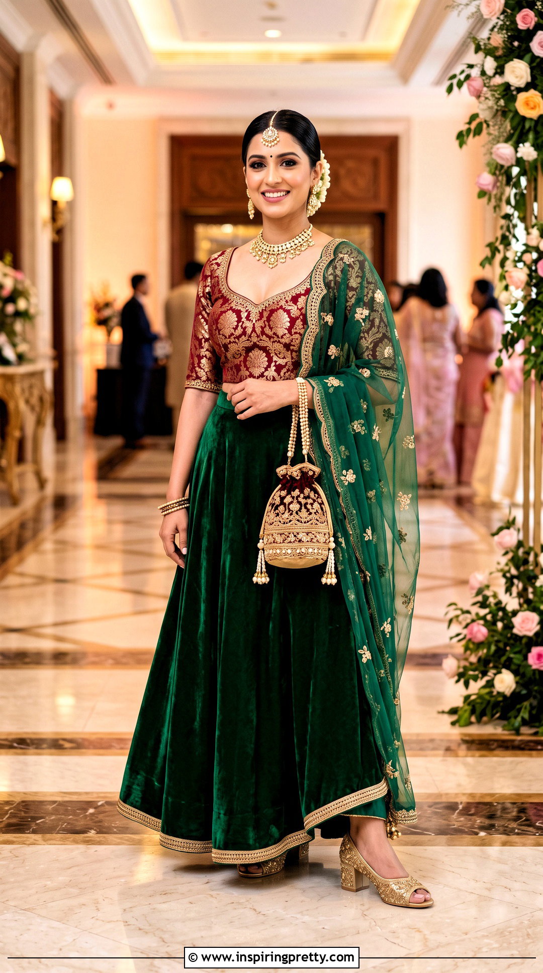 Deep U Neck Brocade Top With Velvet Lehenga - 50 brocade top designs