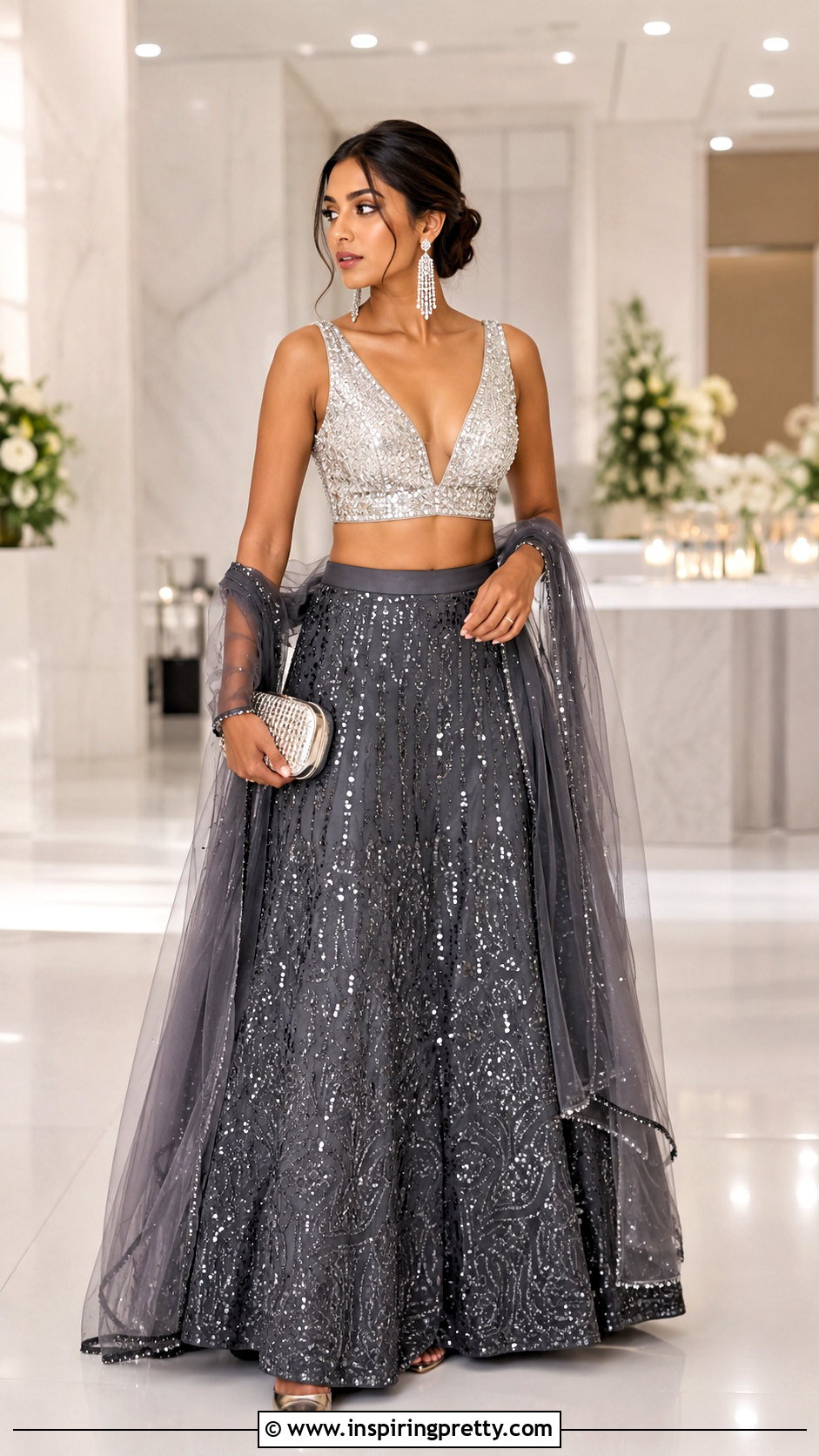 Deep V Neck Sequin Crop Top Lehenga - 50 Crop Top Designs For Lehenga Ideas
