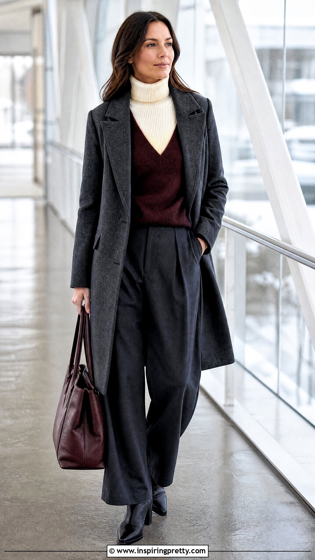 Deep V Neck Sweater With Turtleneck And Trousers - 50 deep neck tops outfit ideas