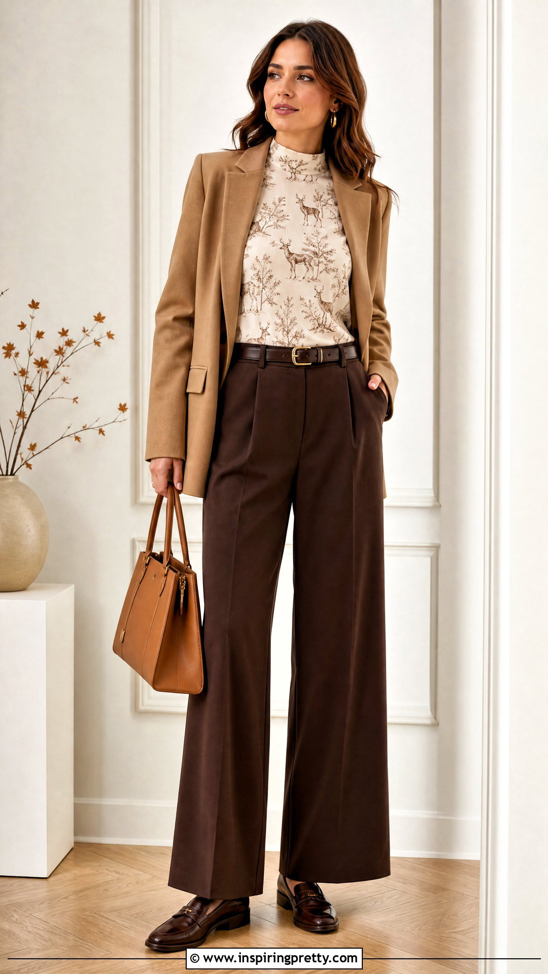 Deer Print Top With Chocolate Trousers - 50 animal print top outfit ideas