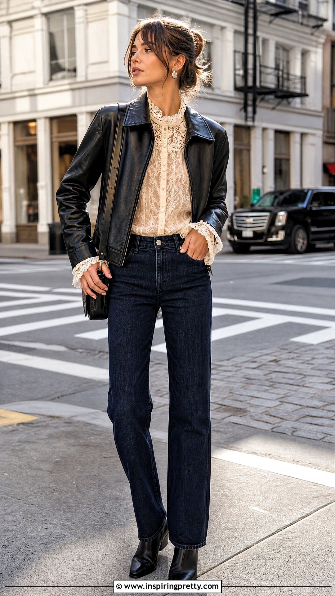 Den Lace Top With A Leather Jacket And Jeans - 25 doen lace top outfit ideas
