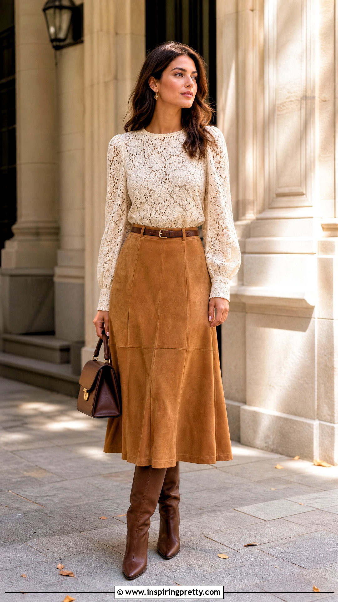 Den Lace Top With A Suede Midi Skirt - 25 doen lace top outfit ideas