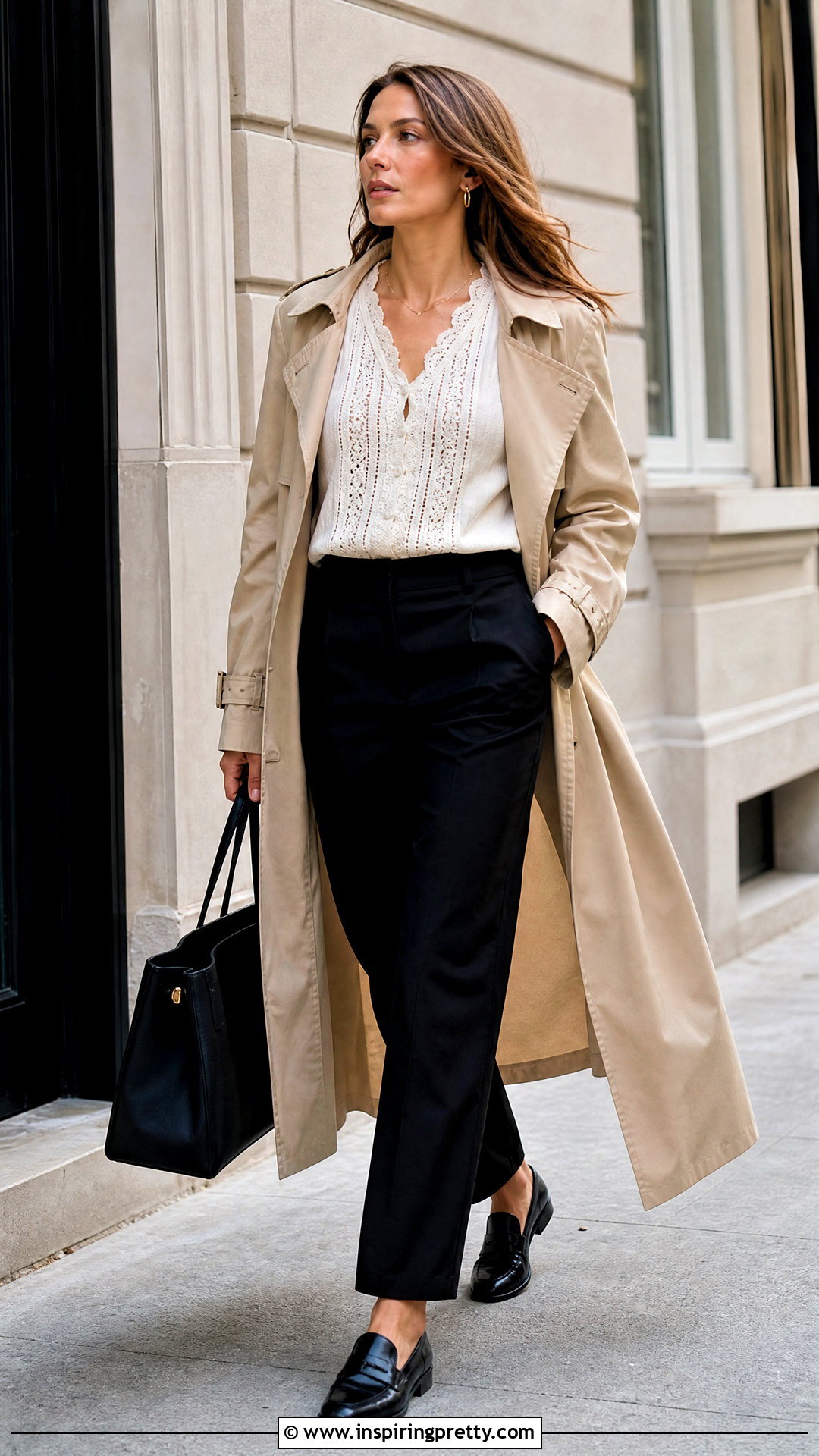 Den Lace Top With A Trench Coat And Trousers - 25 doen lace top outfit ideas