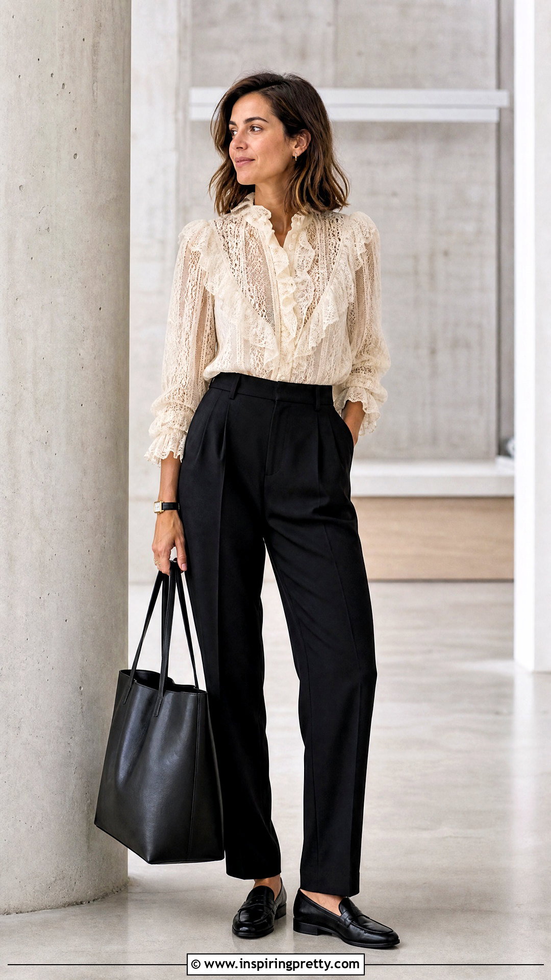 Den Lace Top With Black Tailored Trousers - 25 doen lace top outfit ideas