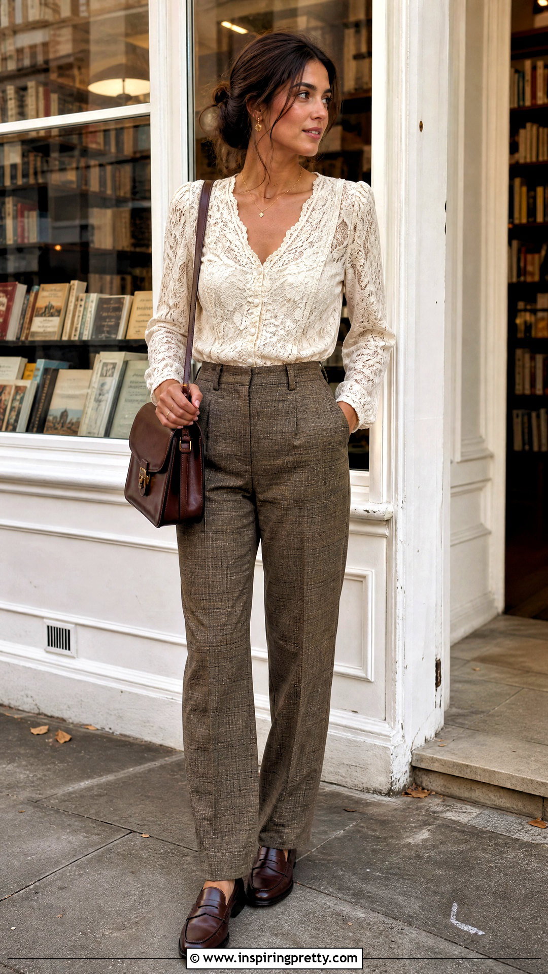 Den Lace Top With Plaid Trousers - 25 doen lace top outfit ideas