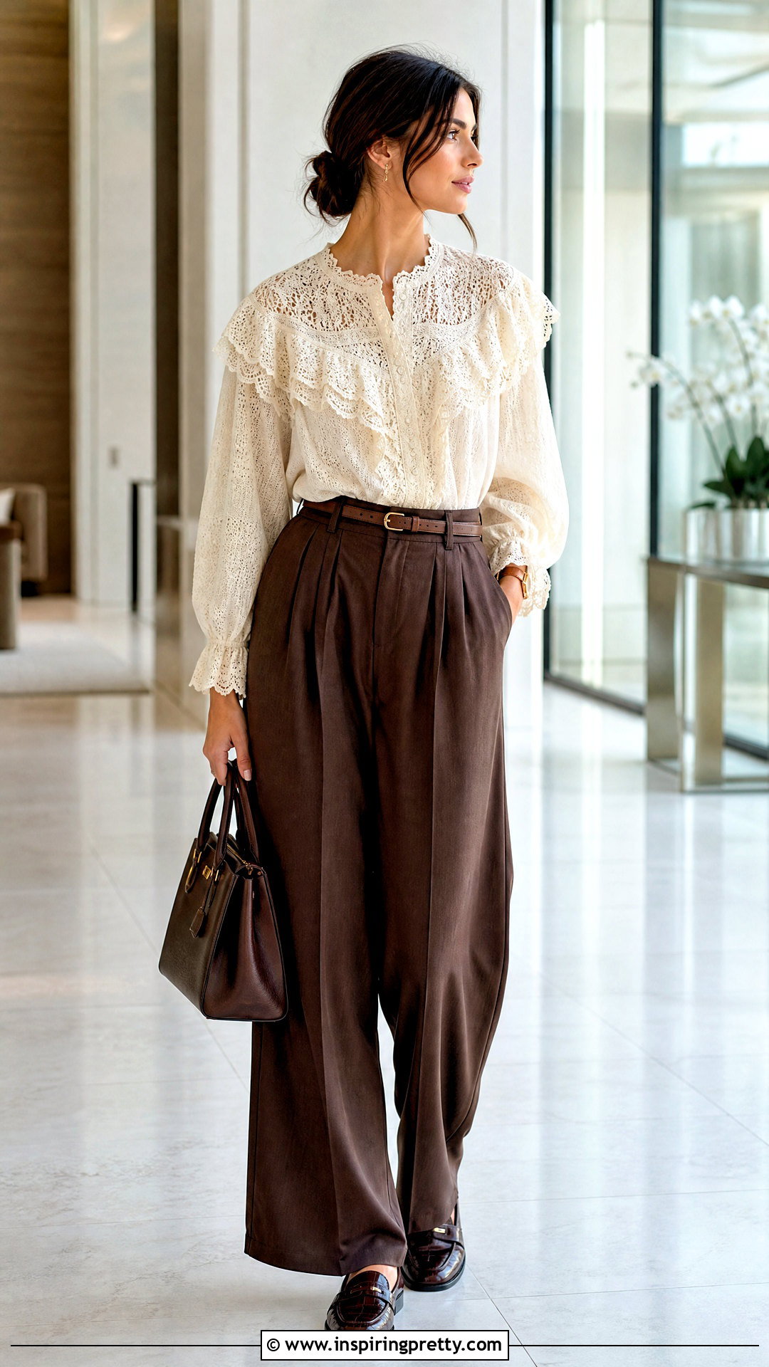 Den Lace Top With Pleated Trousers - 25 doen lace top outfit ideas