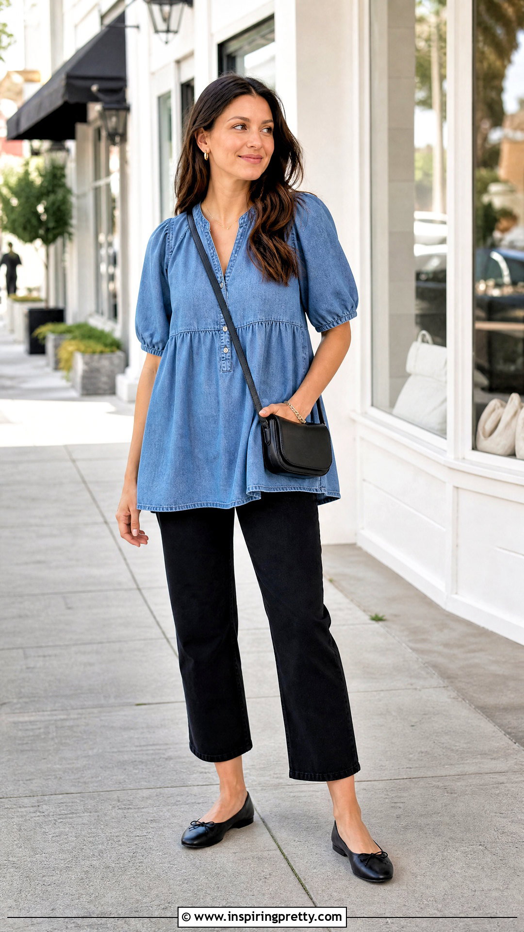 Denim Babydoll Top With Slim Jeans Outfit - 50 denim tops outfit ideas for women